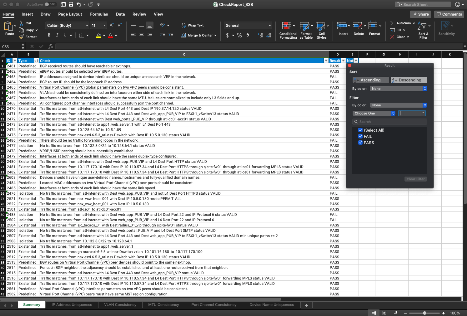 Predefined Check Results Excel 1