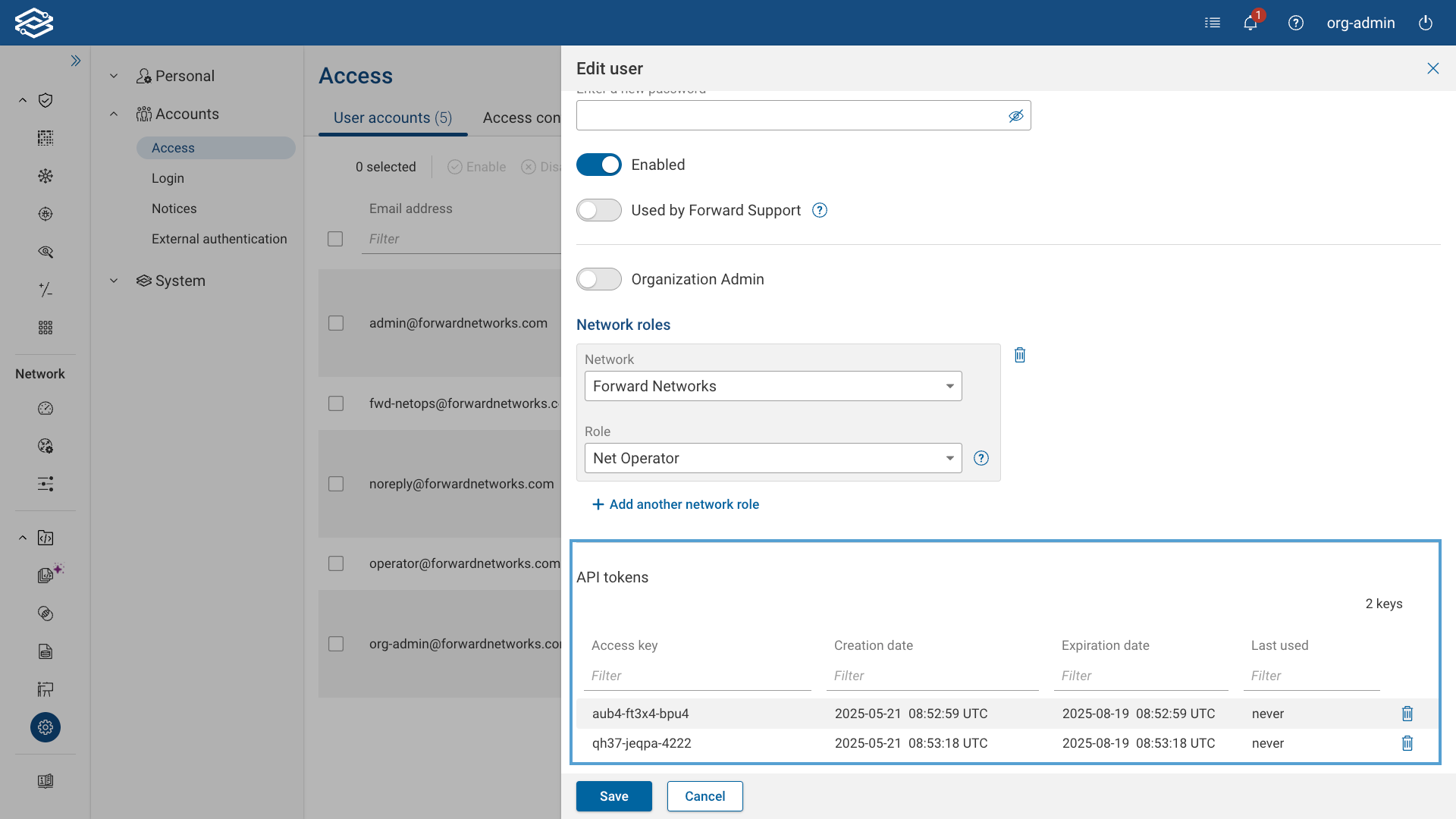 API Tokens section in the Edit User drawer