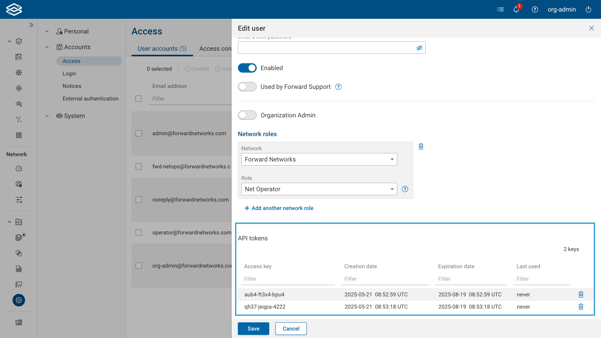 API Tokens section in the Edit User drawer