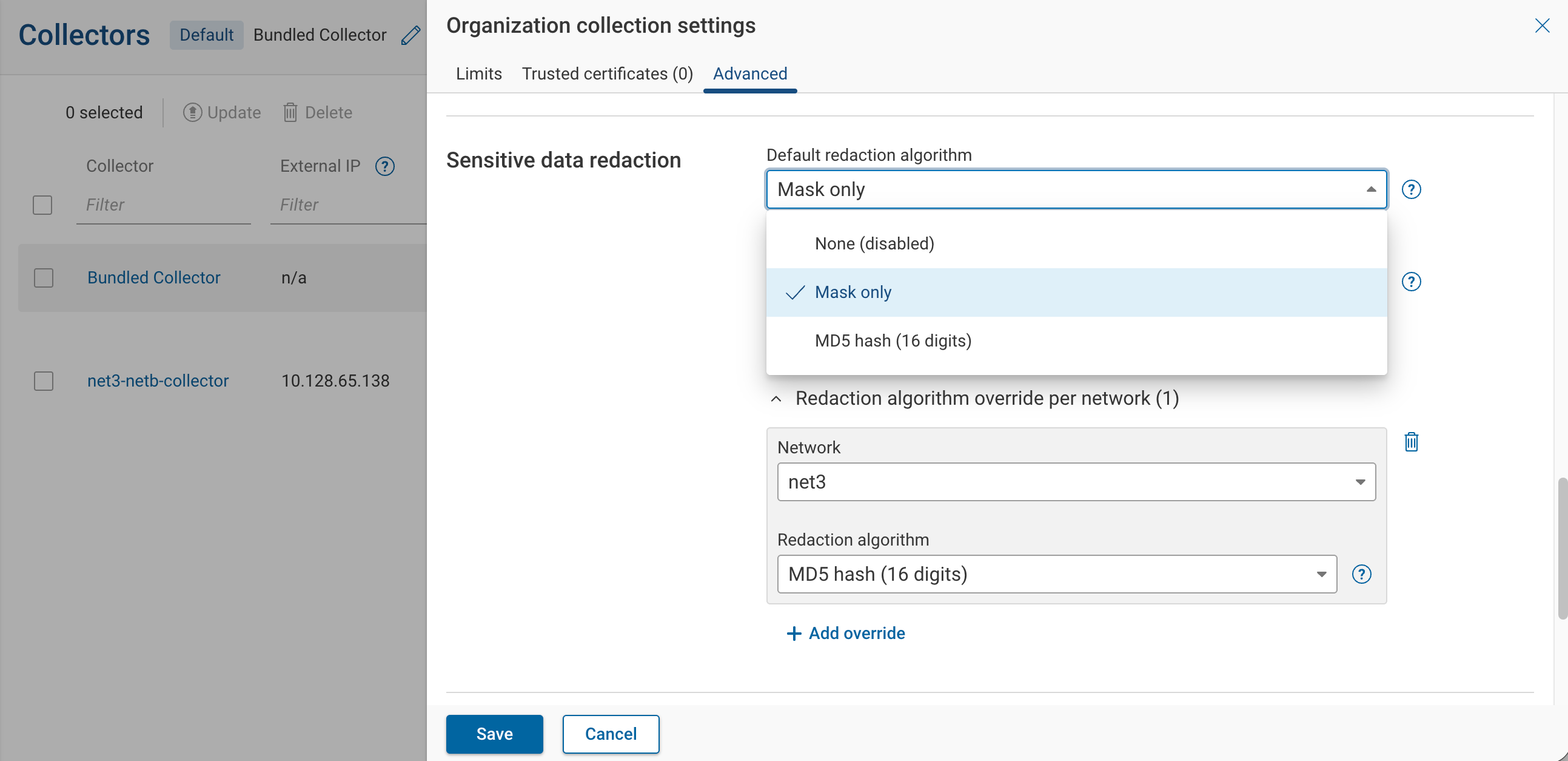 Organization collection settings — Sensitive data redaction