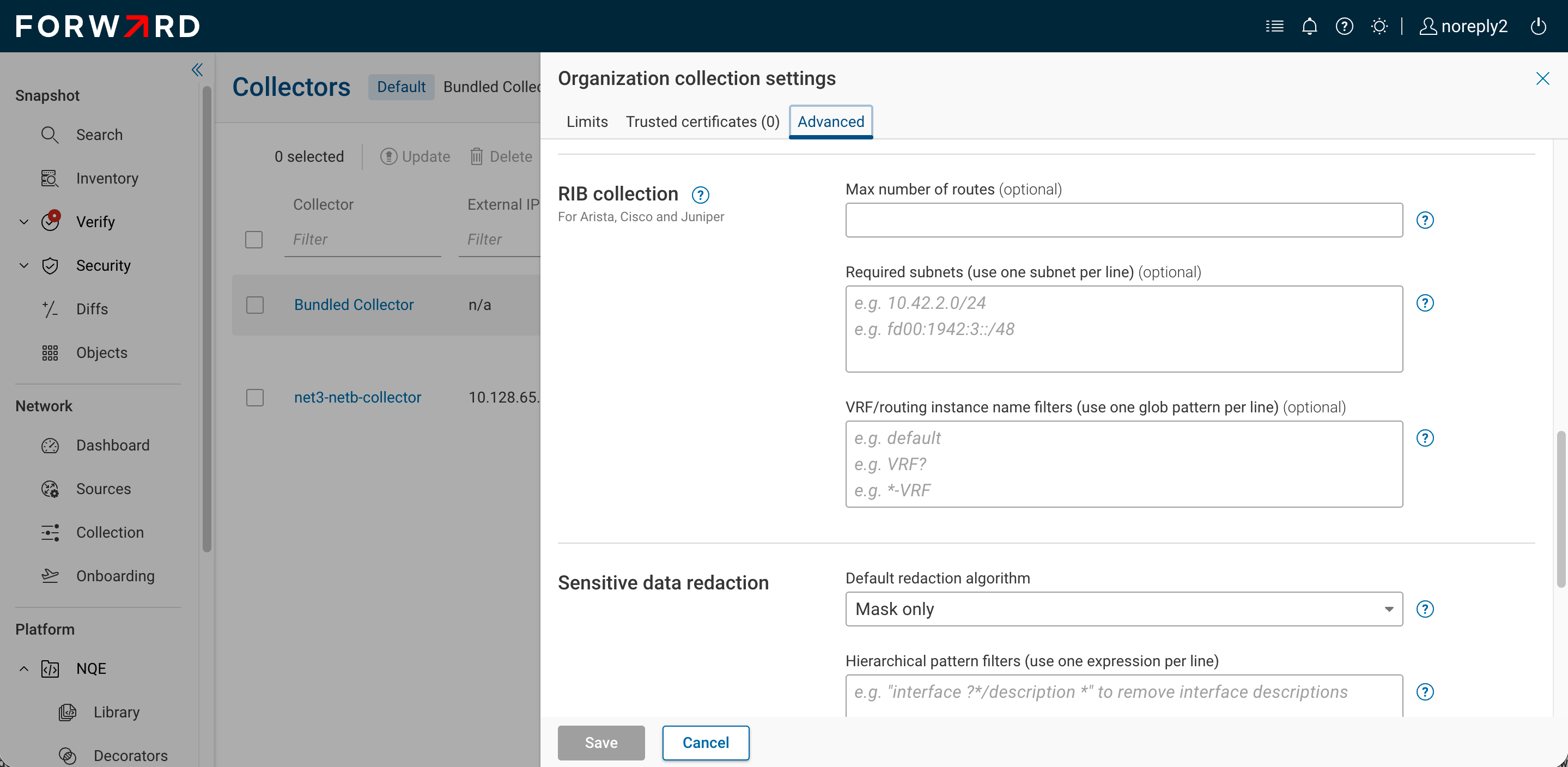 RIB collection settings