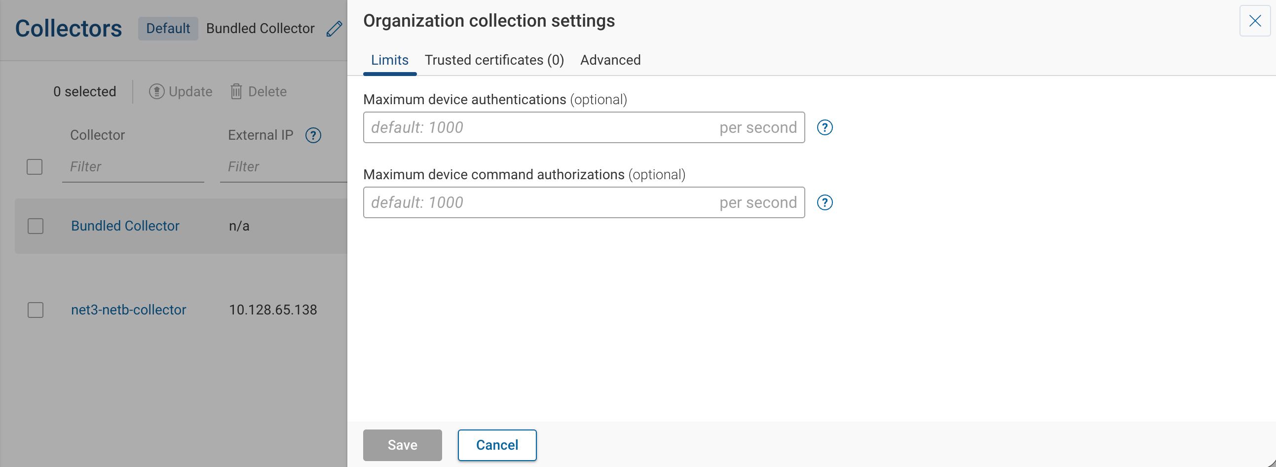 Organization collection settings — Limits tab