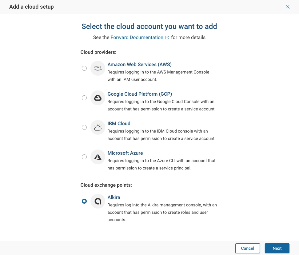 Selecting Alkira setup