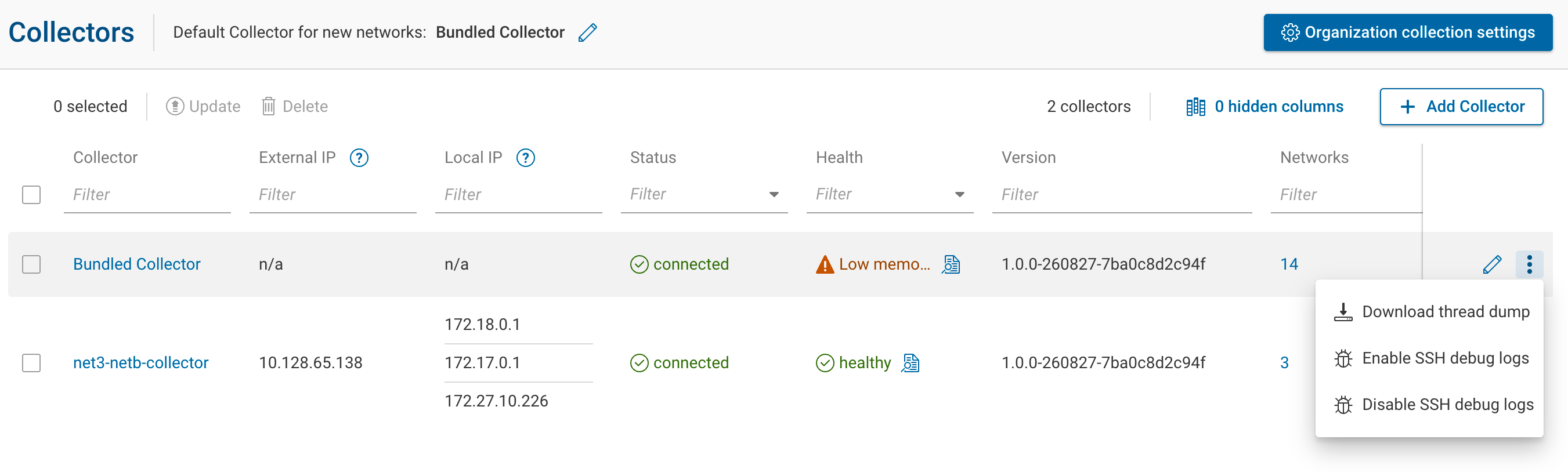 Collector row menu showing Download thread dump, Enable SSH debug logs, and Disable SSH debug logs