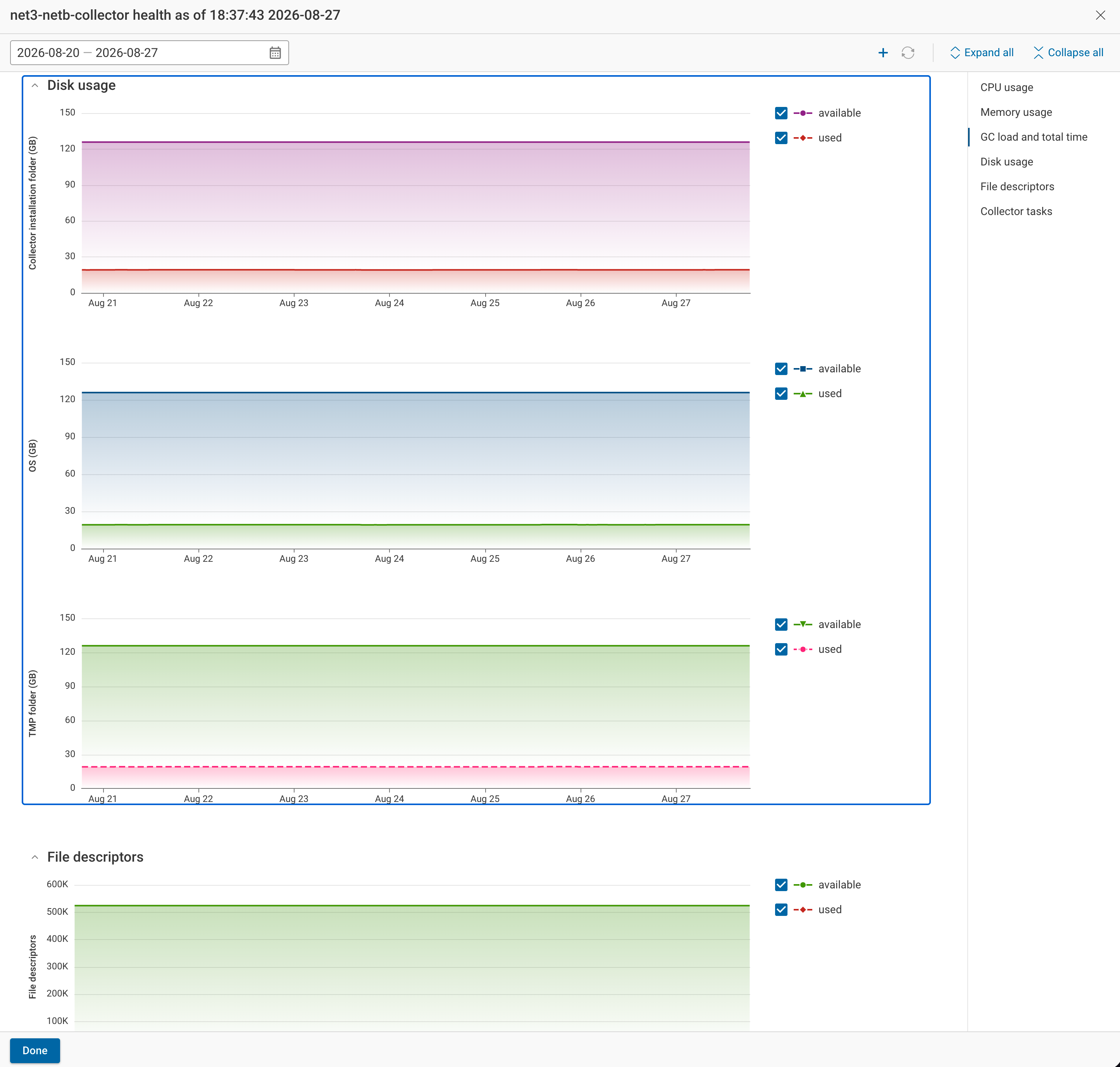 Disk usage section showing the collector installation folder, OS root volume, and temp folder charts