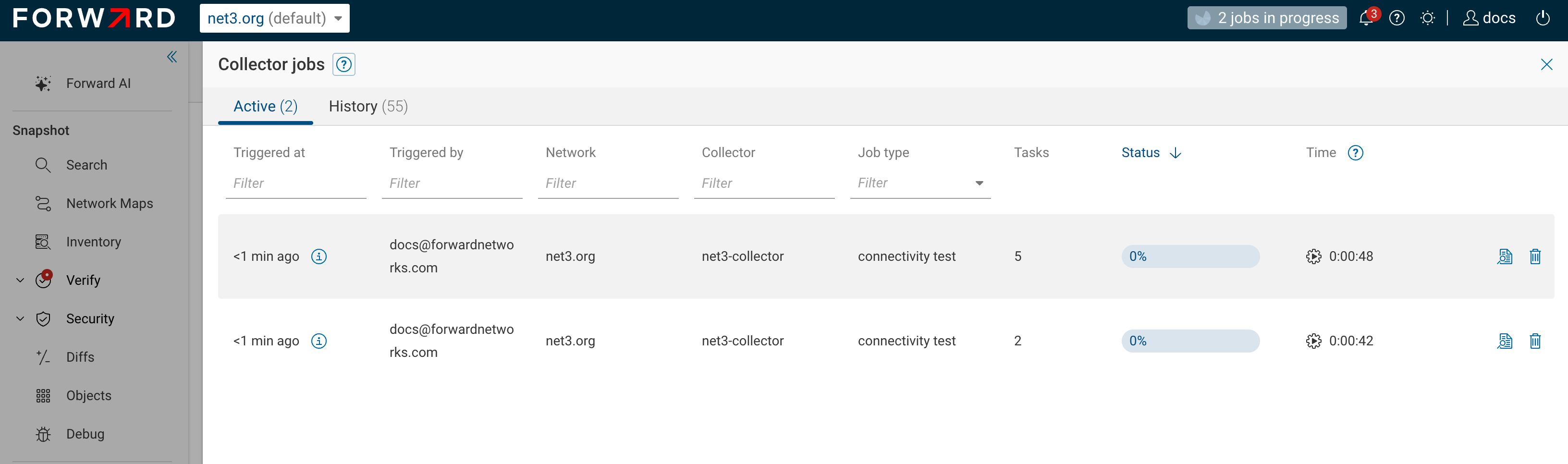 Collector jobs drawer, Active tab