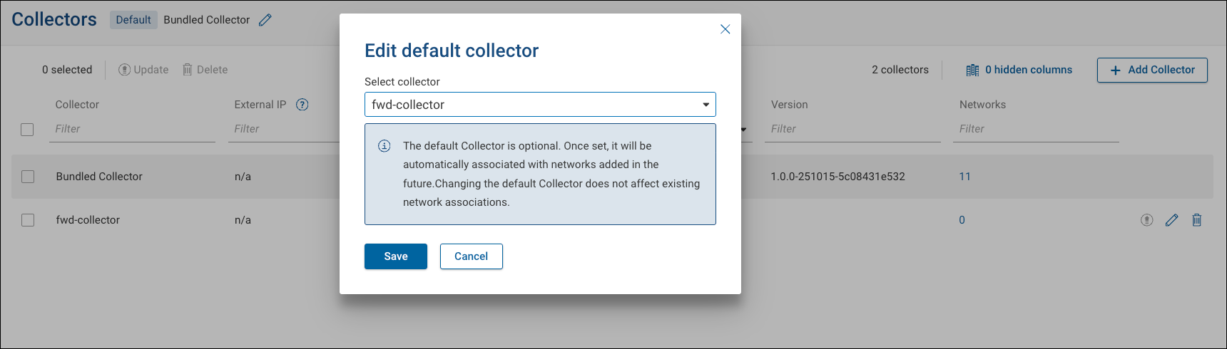 Setting a default collector in the Collector Management page