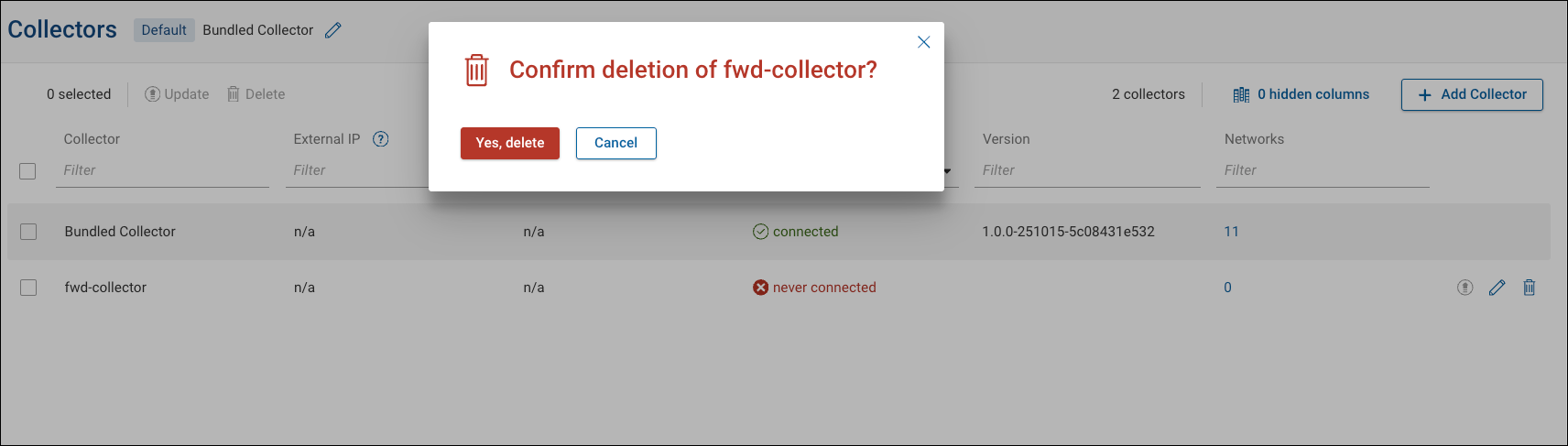 Assigned networks and workspaces for a selected collector