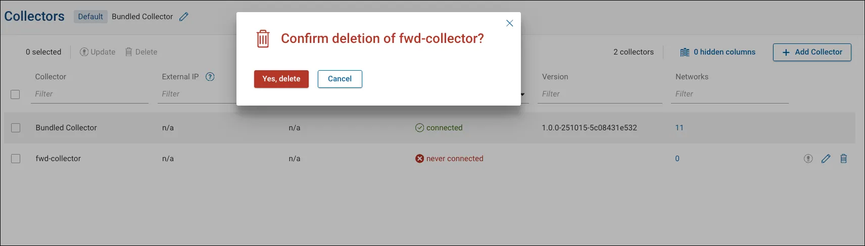 Assigned networks and workspaces for a selected collector