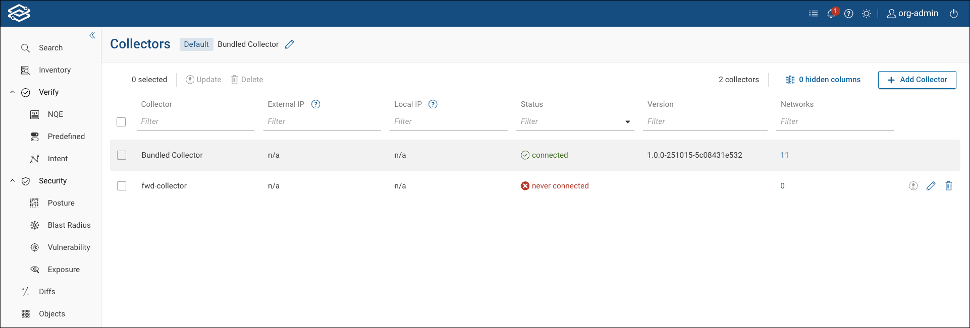 Screenshot of Collector Management page