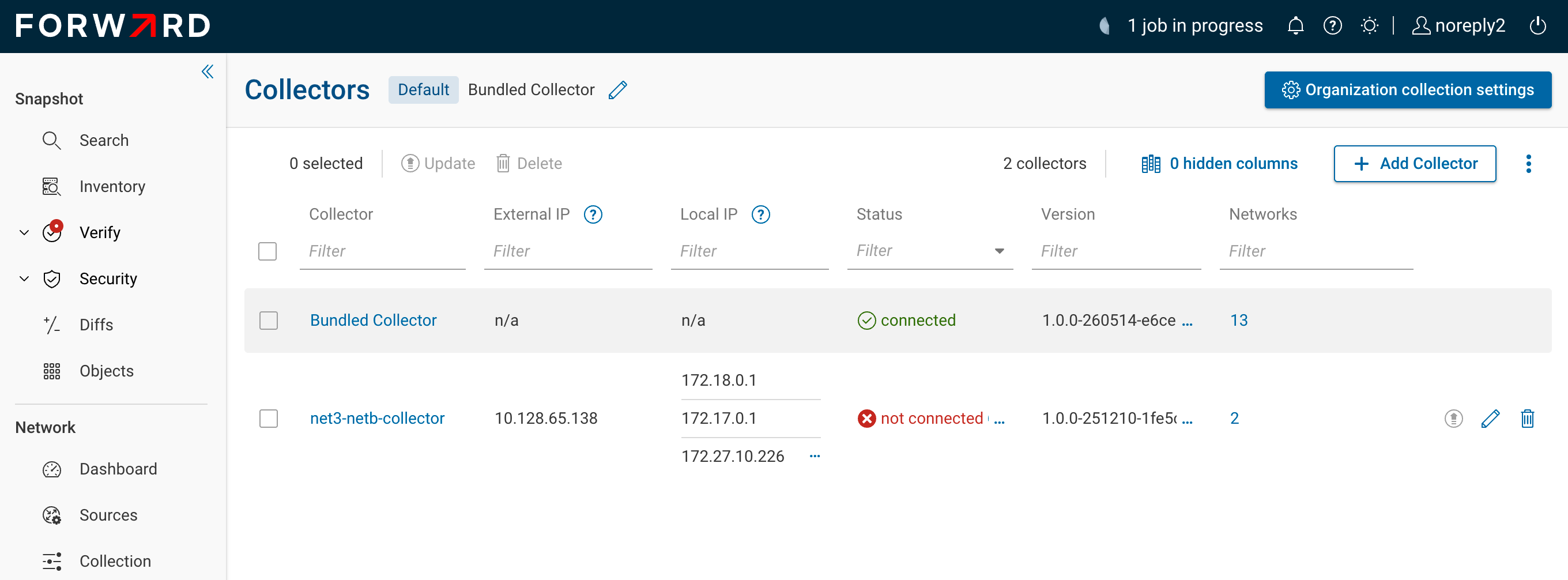 Screenshot of Collector Management page