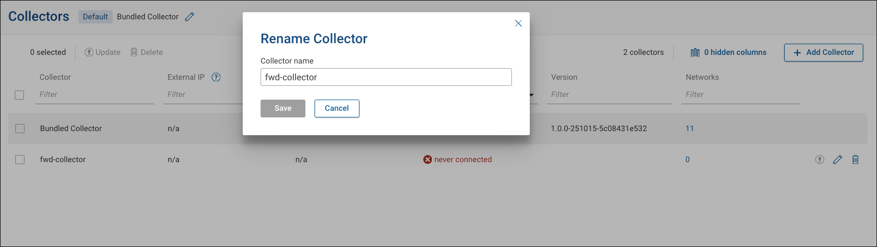 Renaming a collector from the Collector Management table