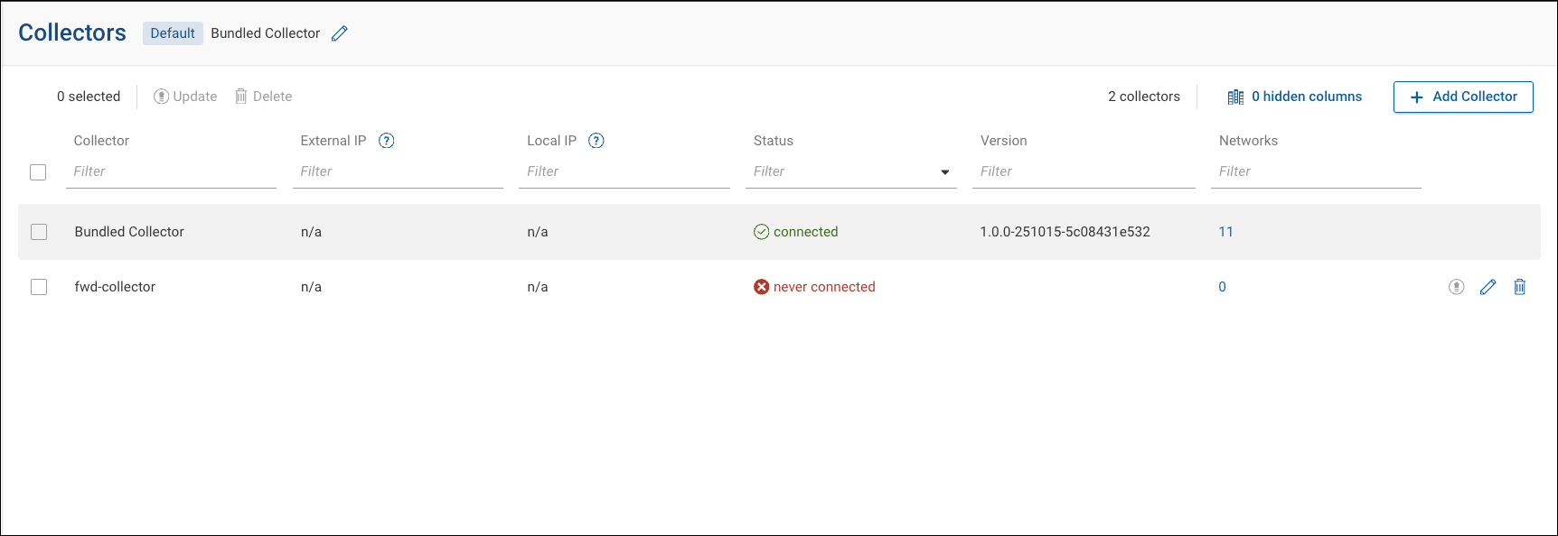 Collector Management table with on-prem collector details