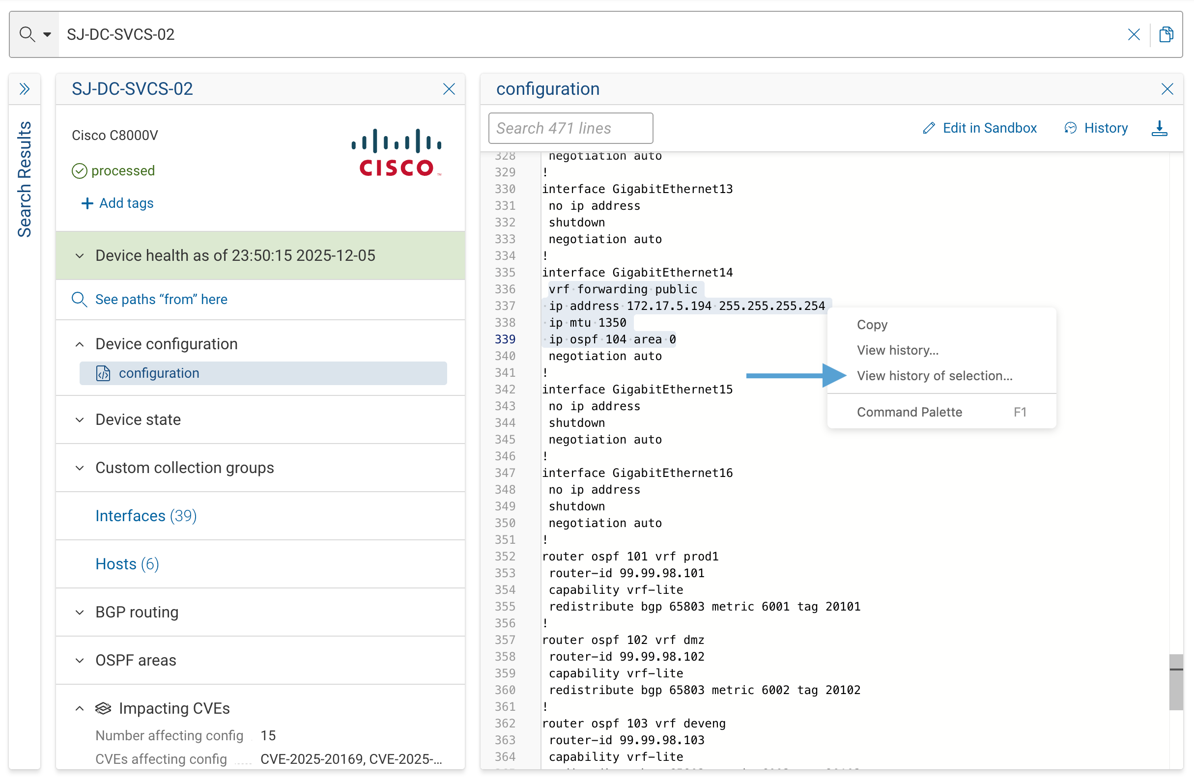 Configuration File snippet/selection history