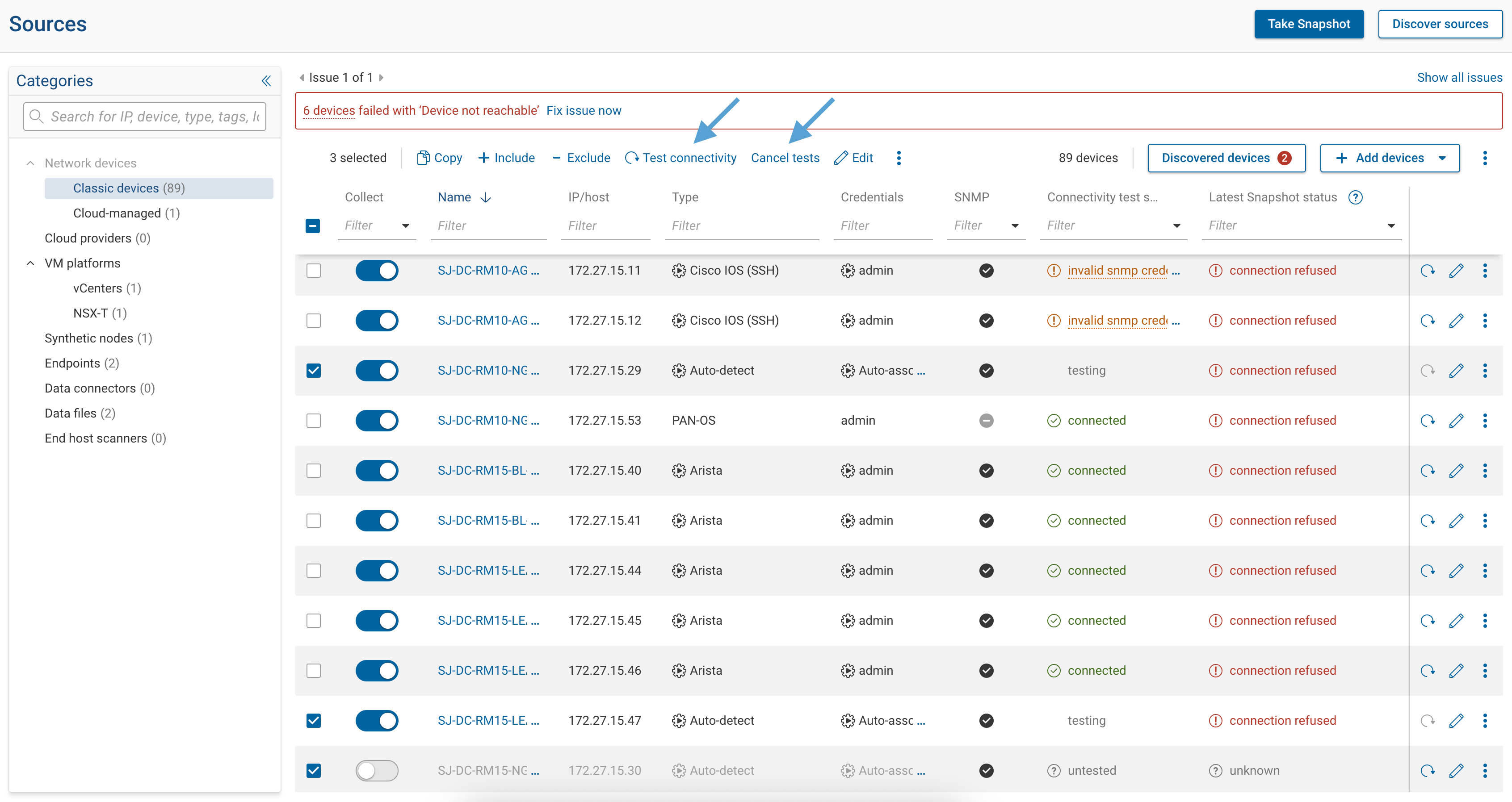 Connectivity test controls