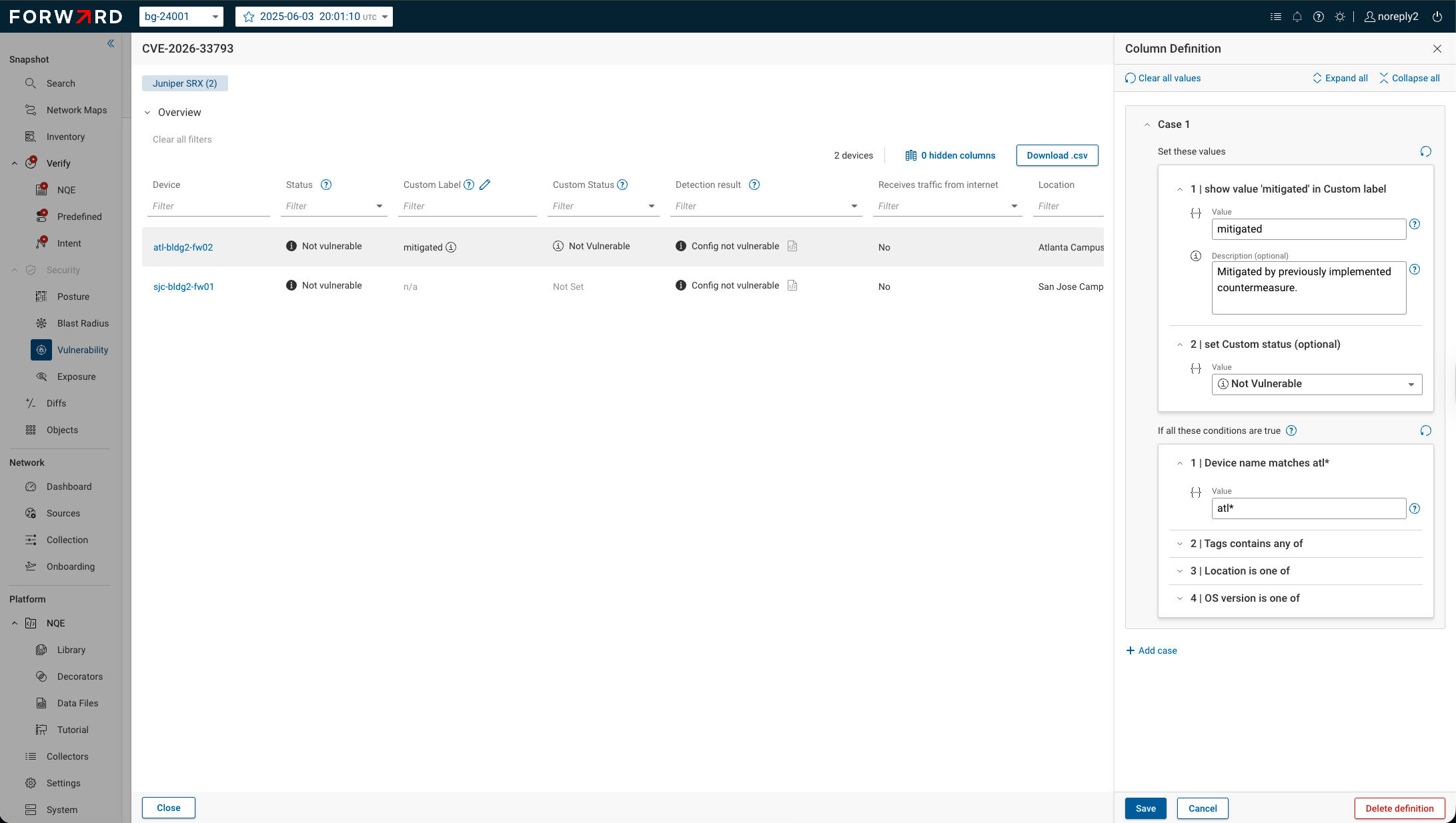 Column Definition drawer for a custom CVE label