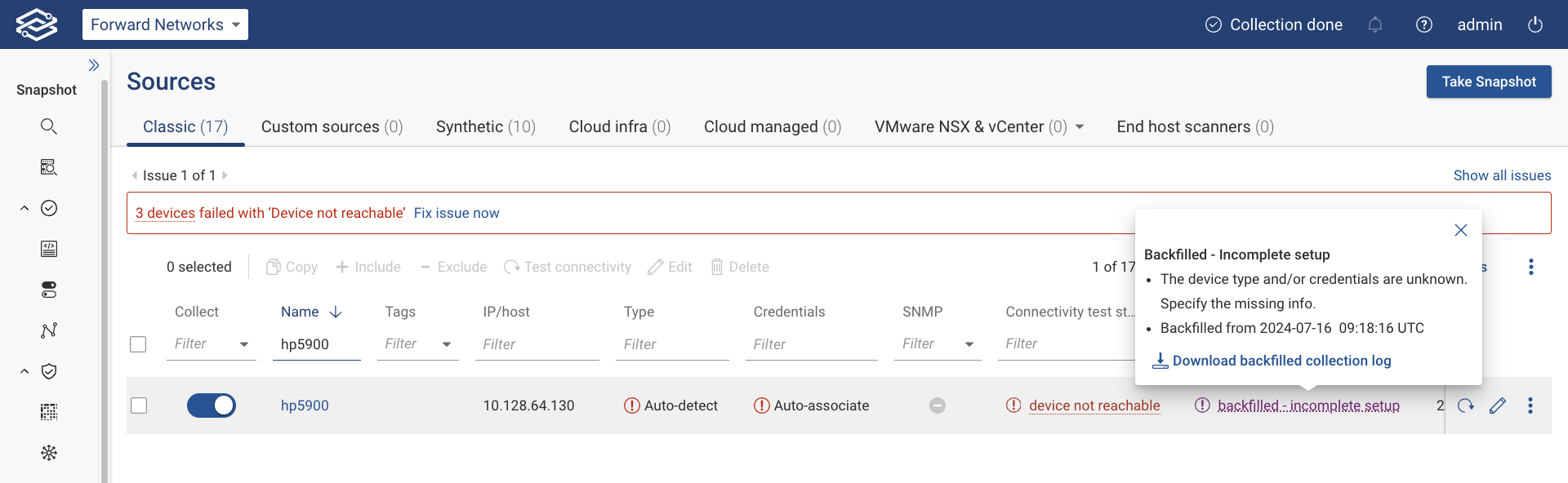 View of backfilled device from Sources page