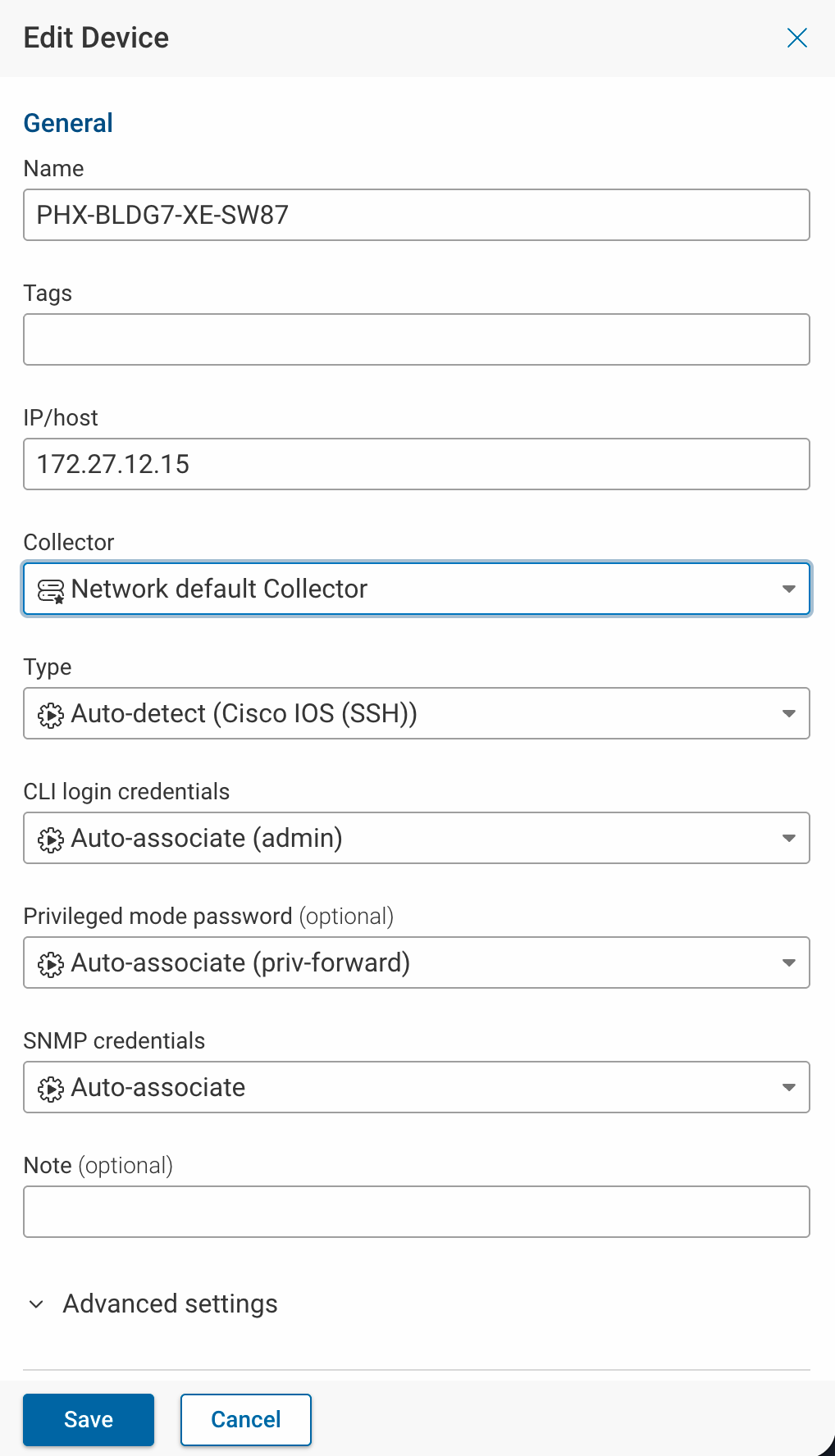 Collector field on the Edit Device drawer