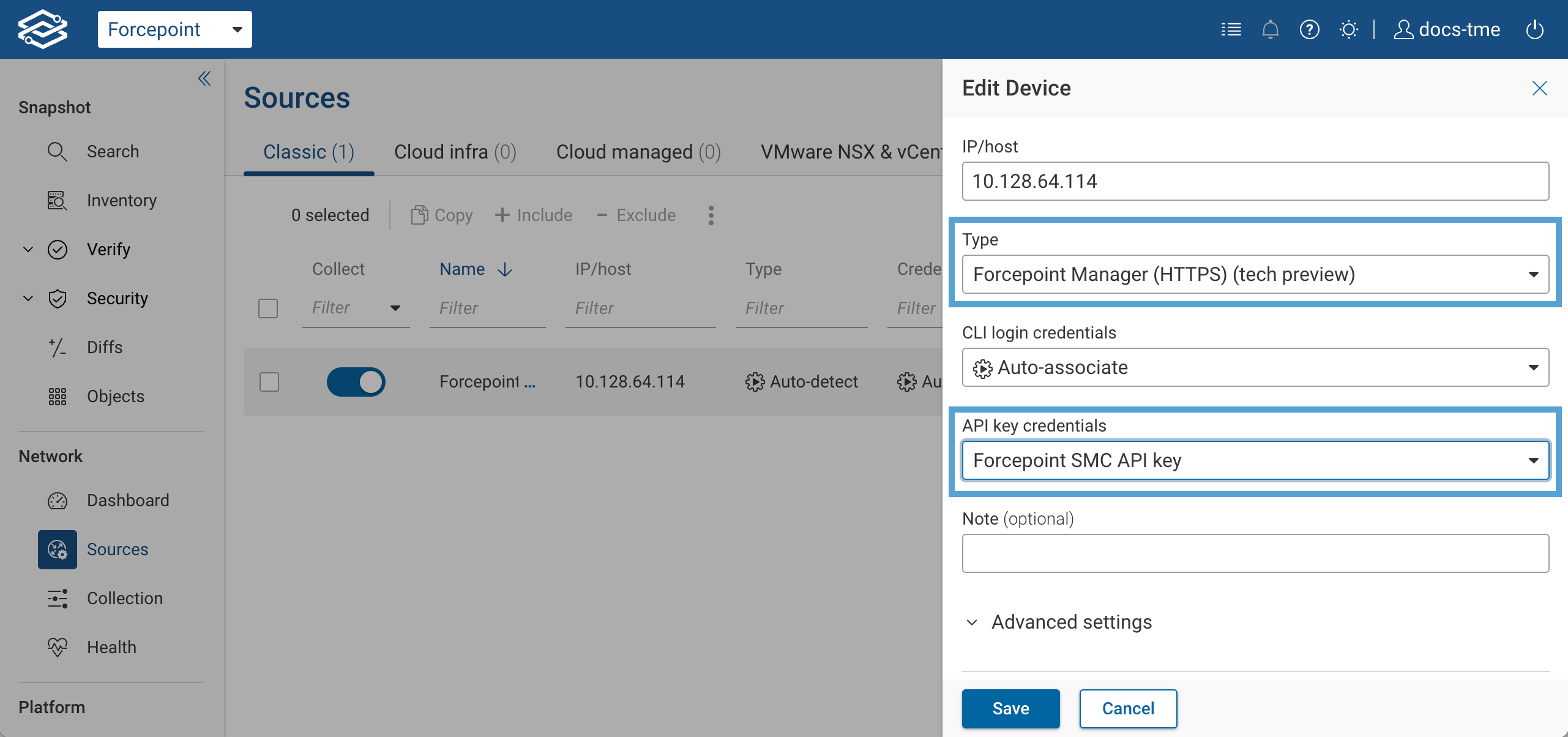 Set Device type and API credentials