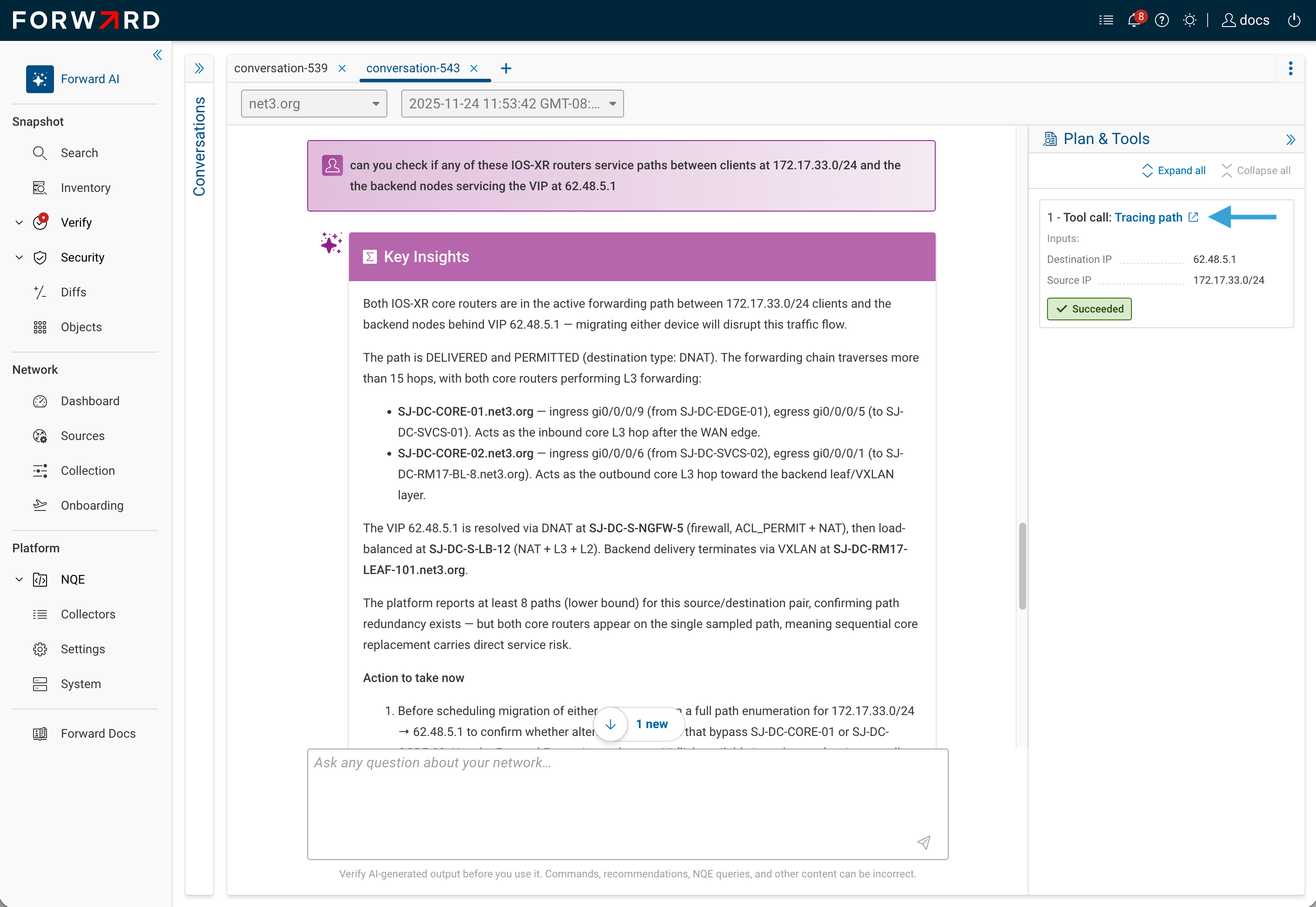 Tracing path tool result with a clickable Query URL link in the Plan &amp; Tools panel