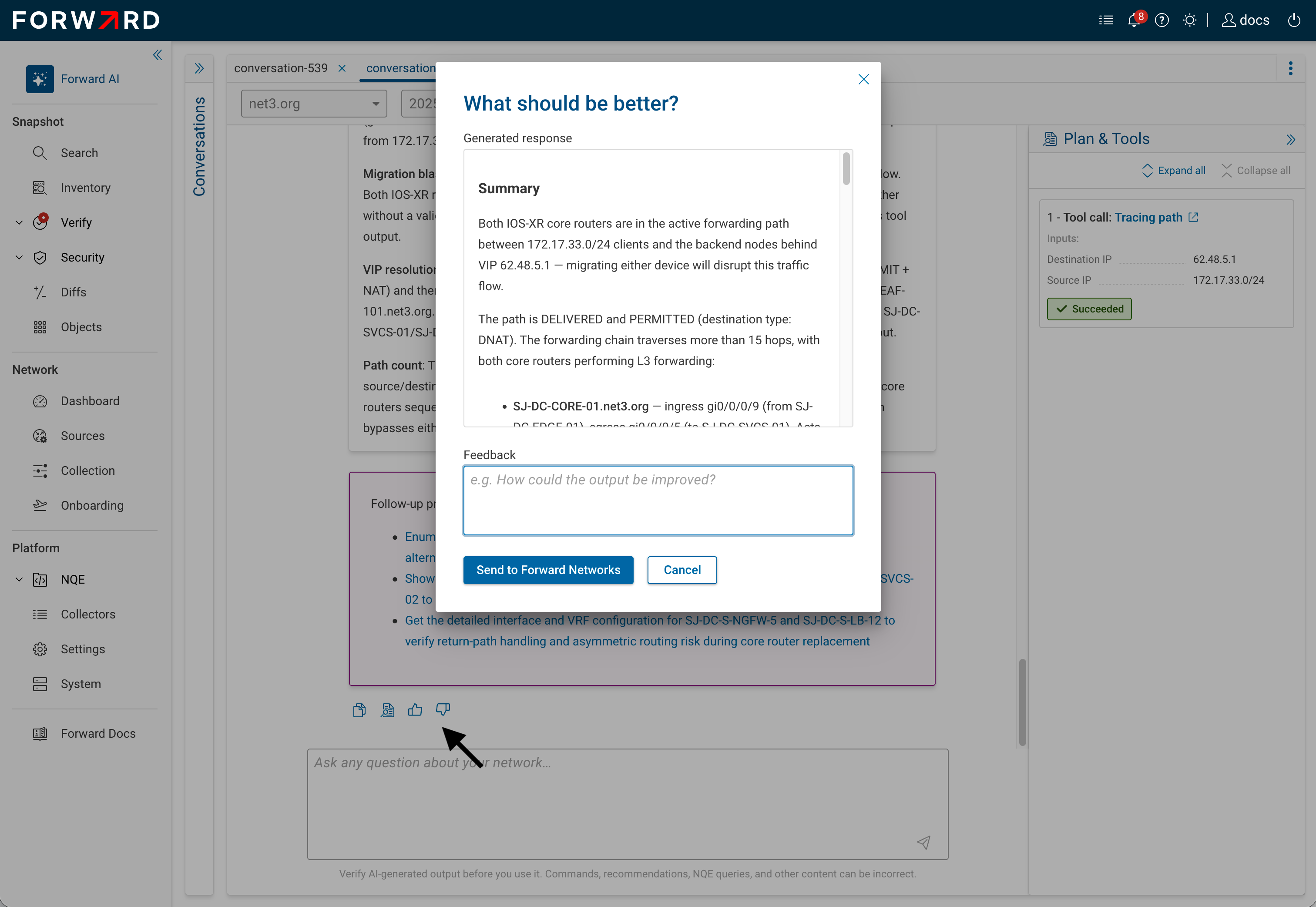 Feedback dialog open on an assistant message