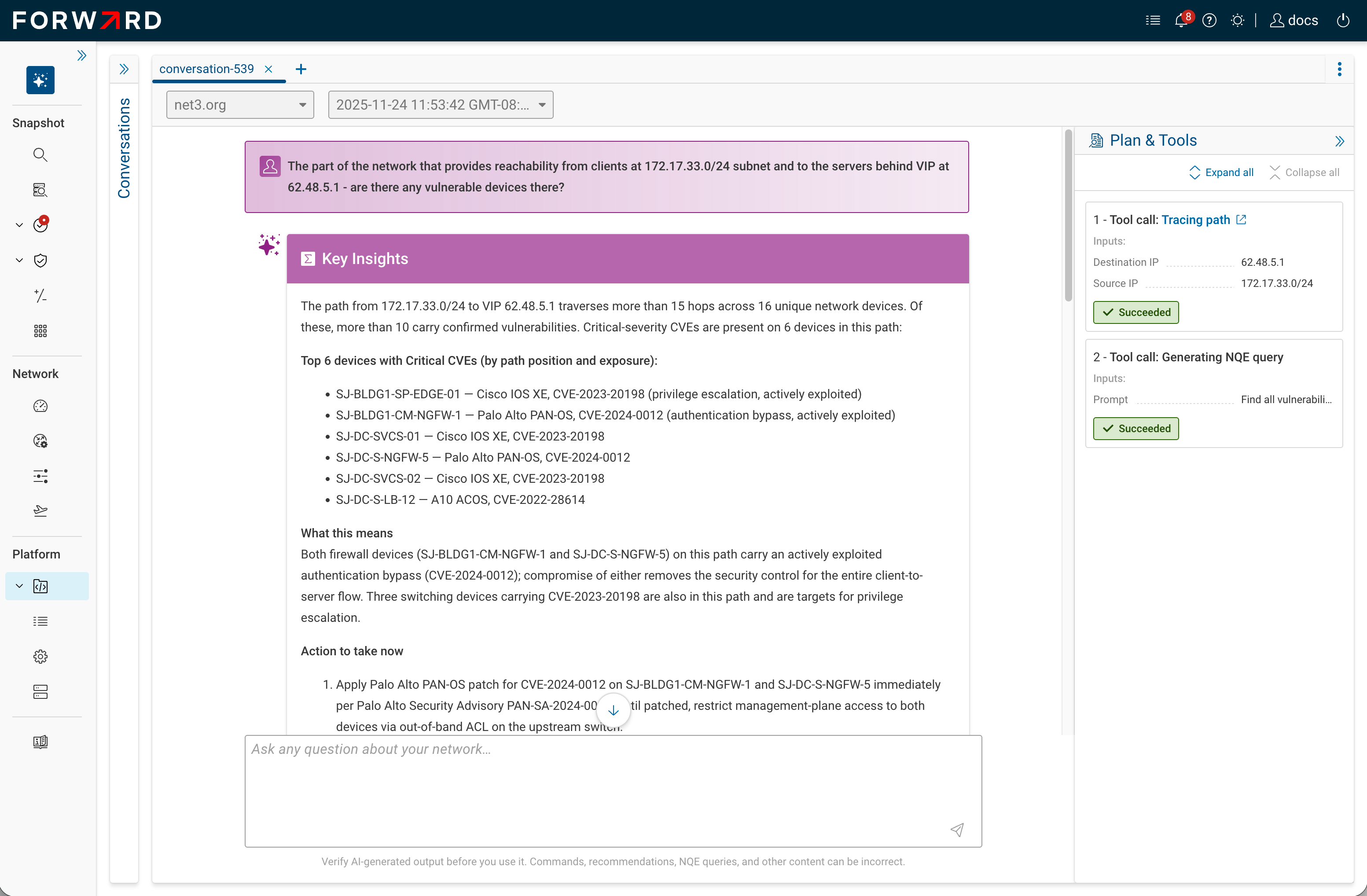 Forward AI page with a sample conversation and the Plan & Tools panel