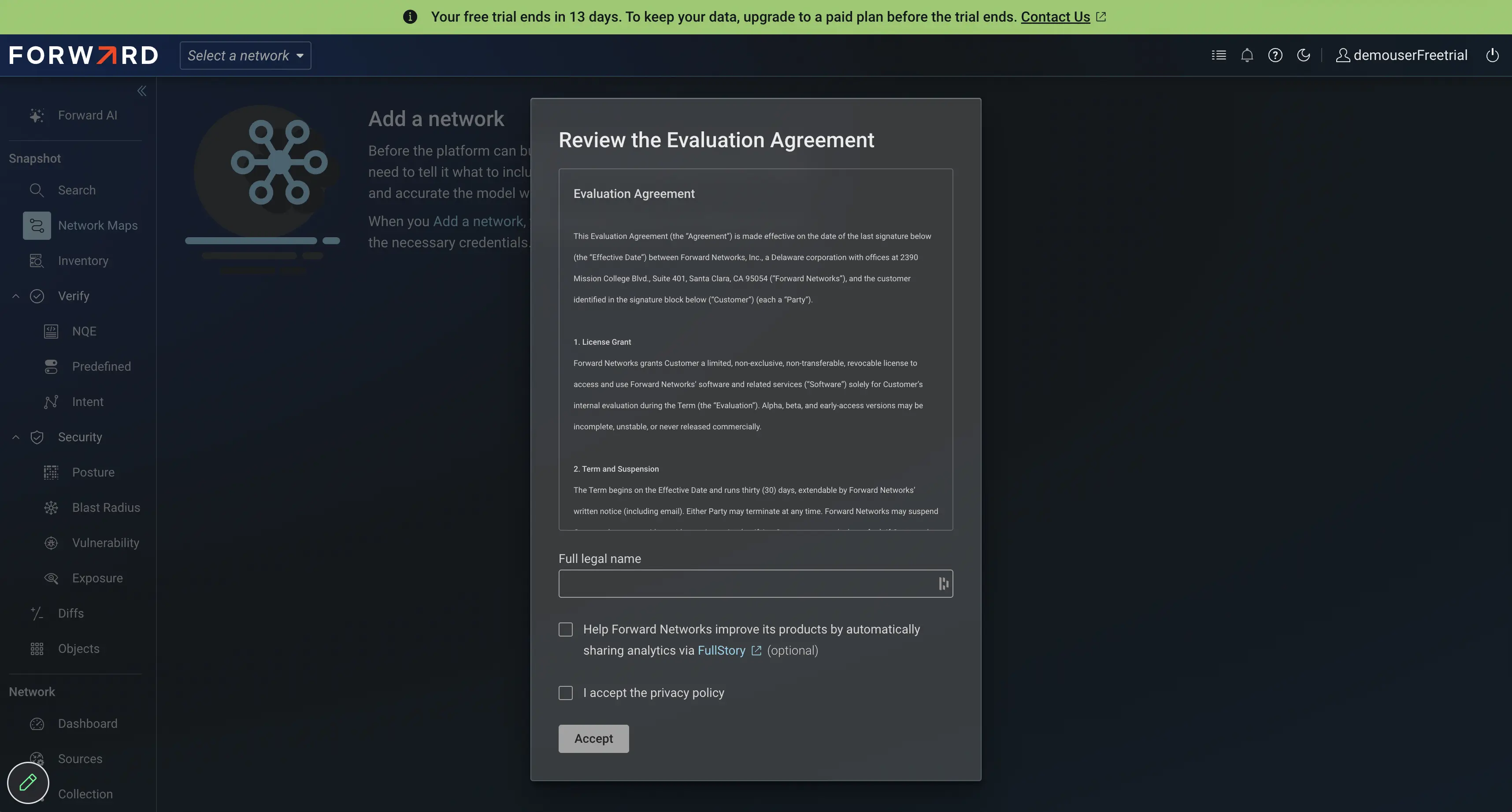 Free trial banner and license agreement