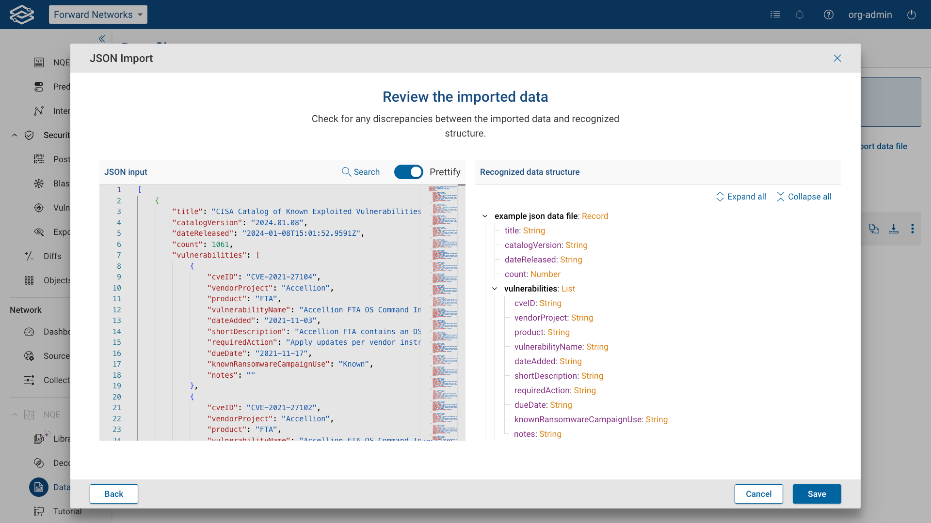 Reviewing JSON Import