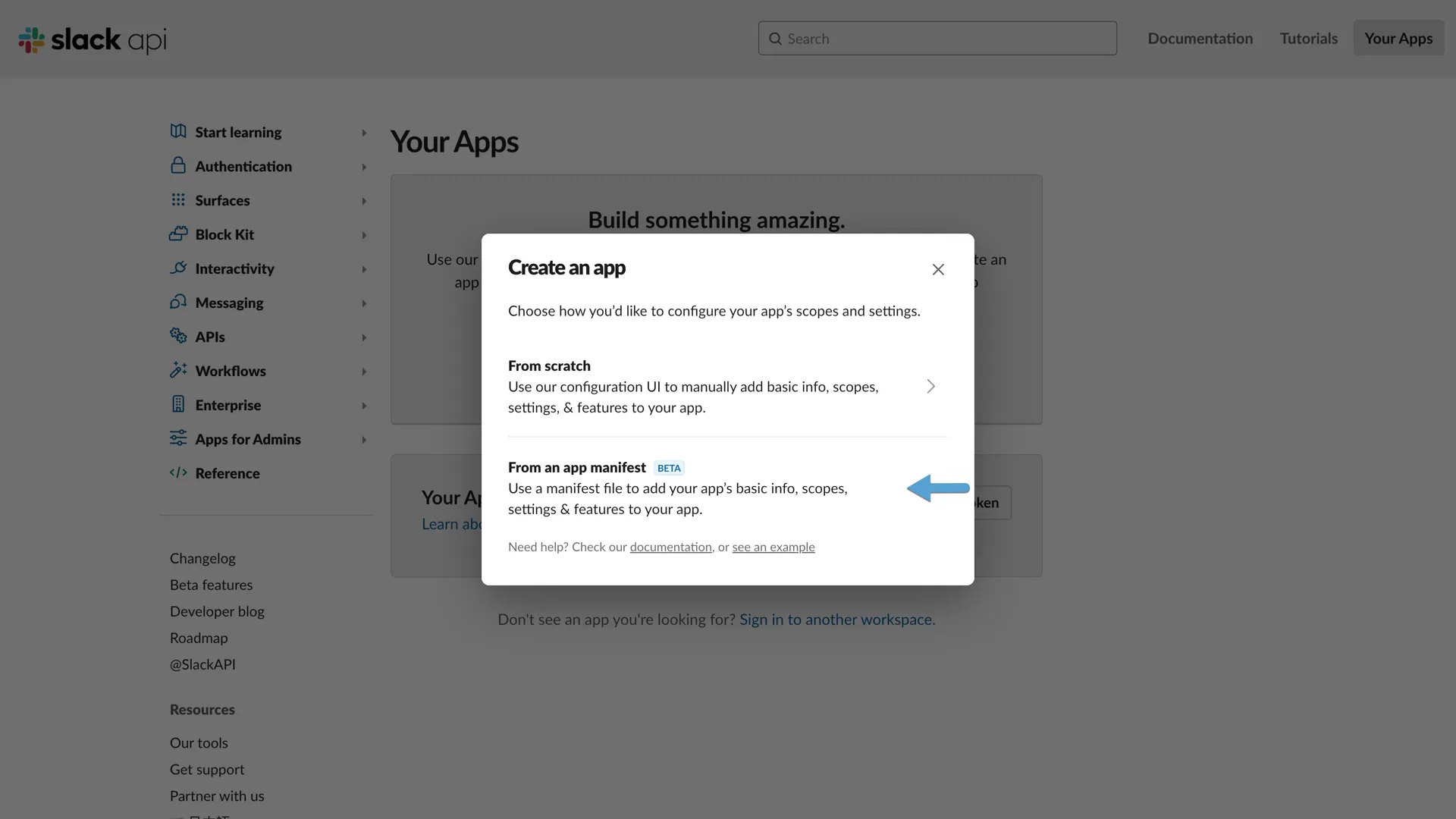 Slack Create App Options