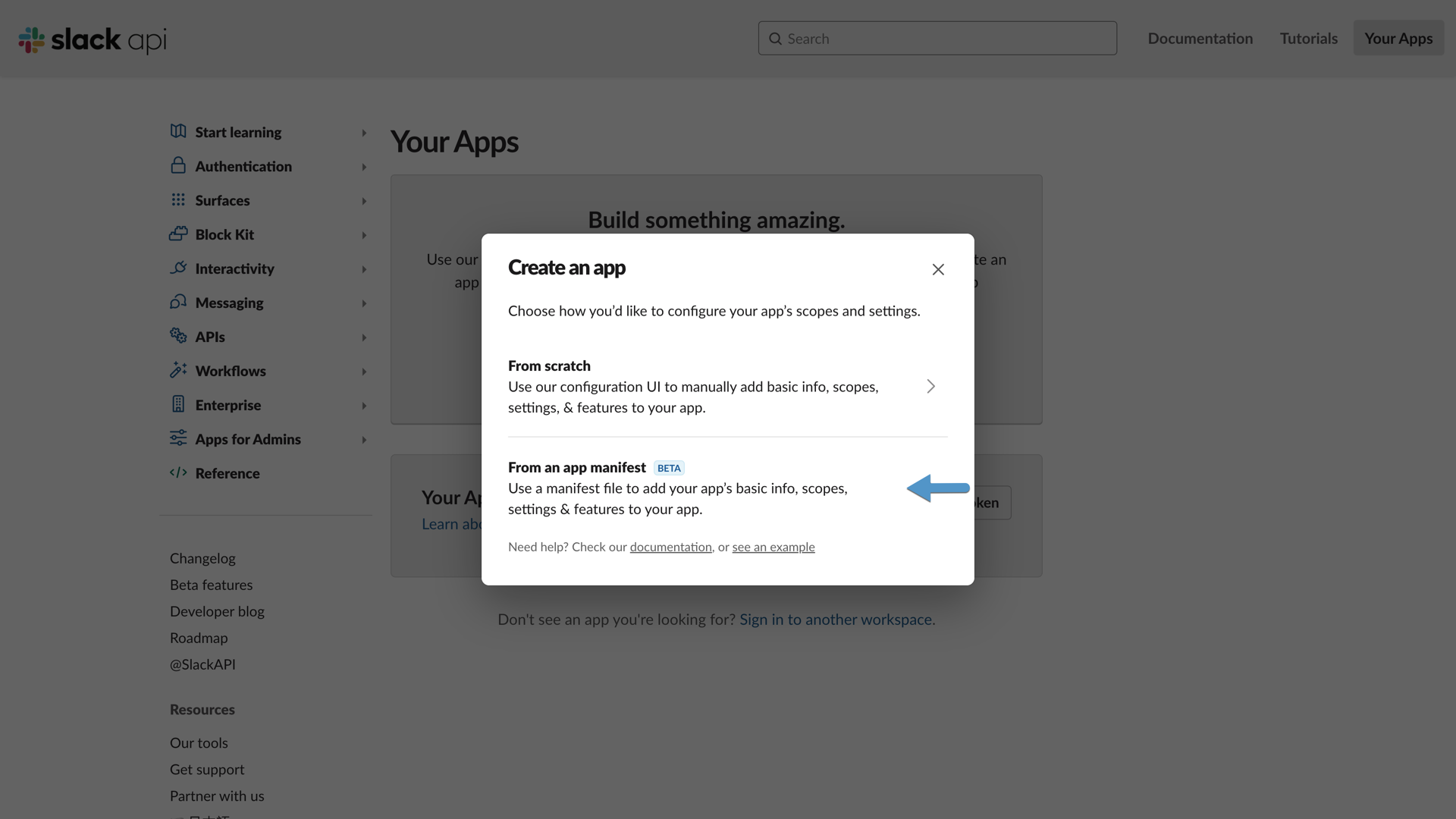 Slack Create App Options