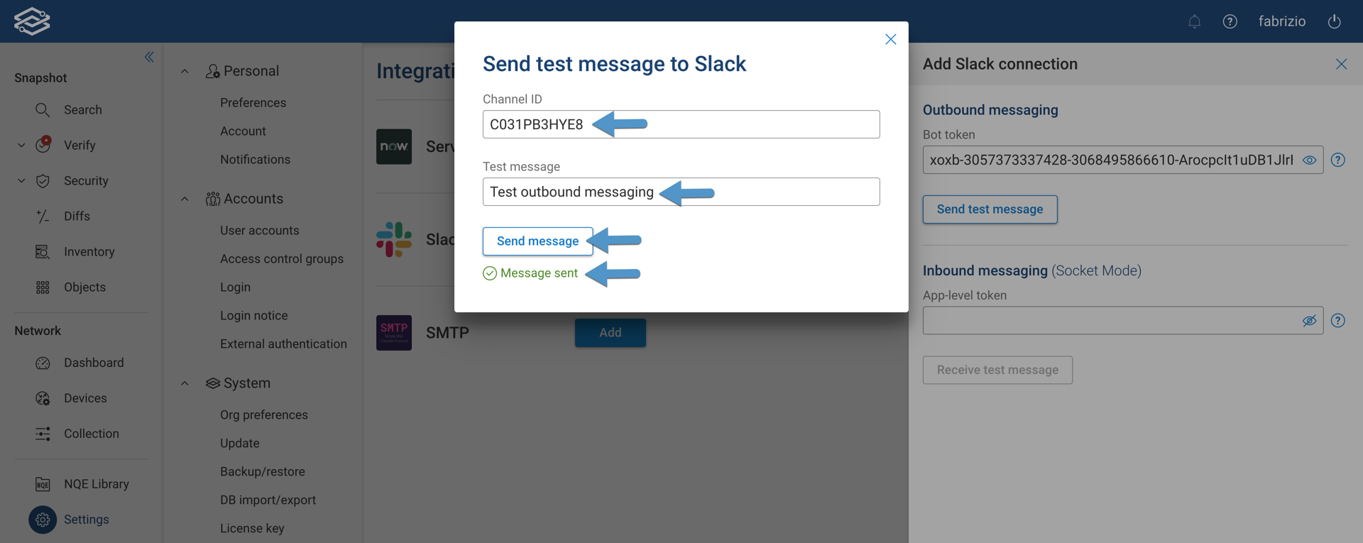 Configure Slack Test Outbound Messaging