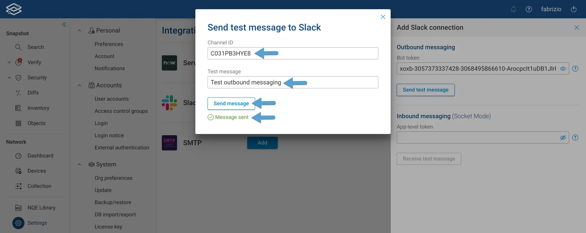 Configure Slack Test Outbound Messaging