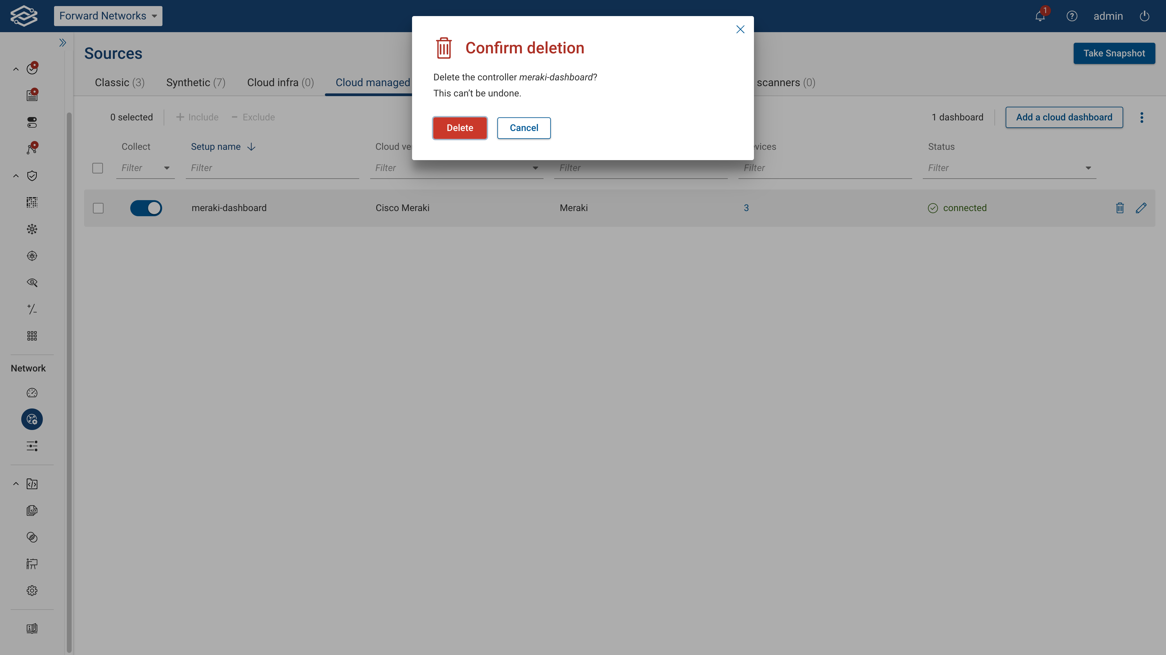 Meraki Source Page - Deleting Setups