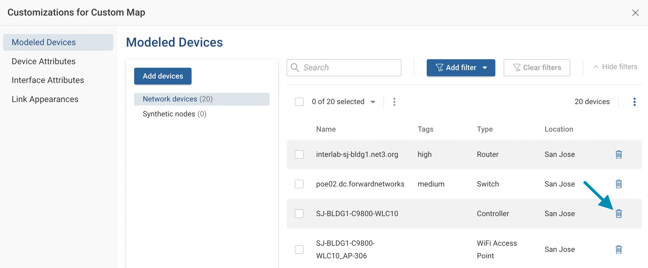 Customize map delete devices