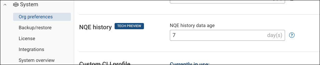 NQE History settings in Org Preferences