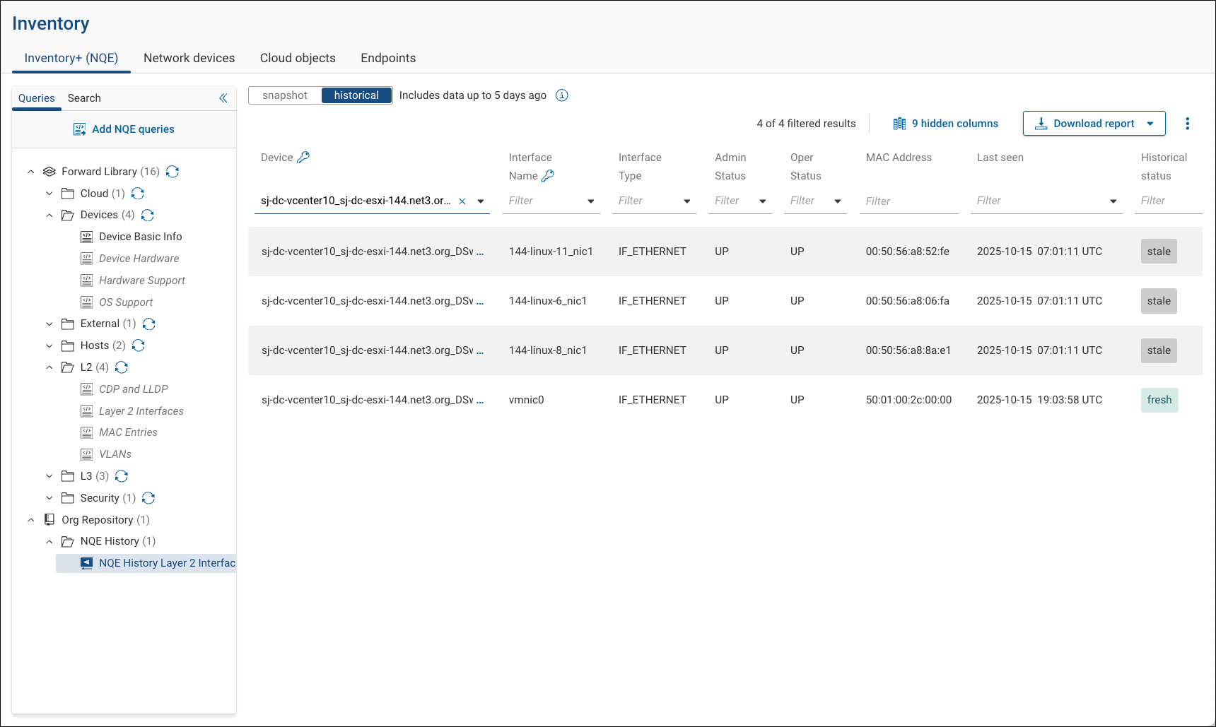 Viewing historical data for an NQE query in Inventory+