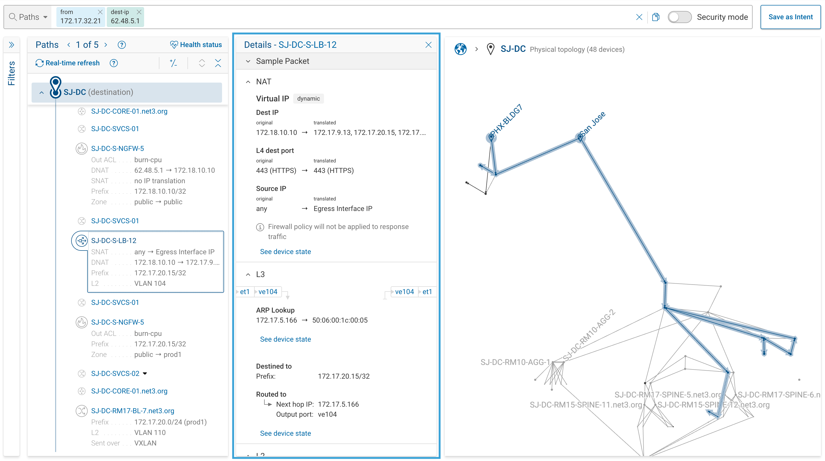 Hop detail panel showing device name, interfaces, and collapsible network function sections