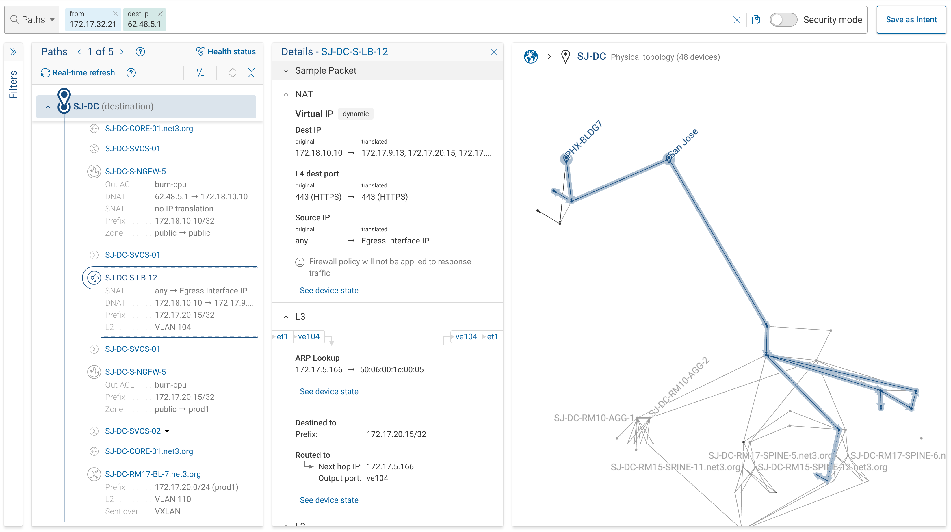 Full results view showing topology map, path group list, and hop-by-hop diagram