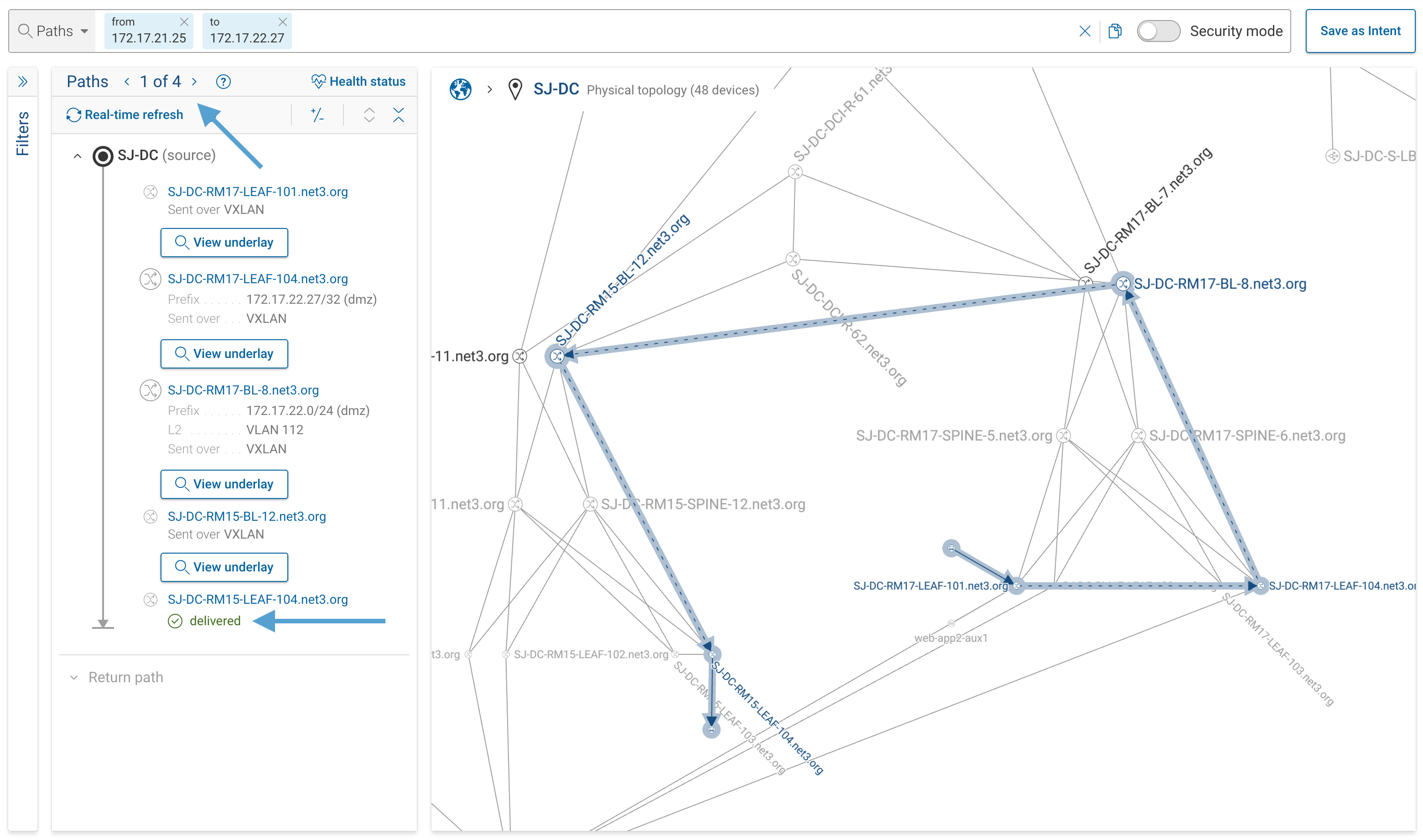 Path group selector with outcome badges, device sequence, and navigation controls