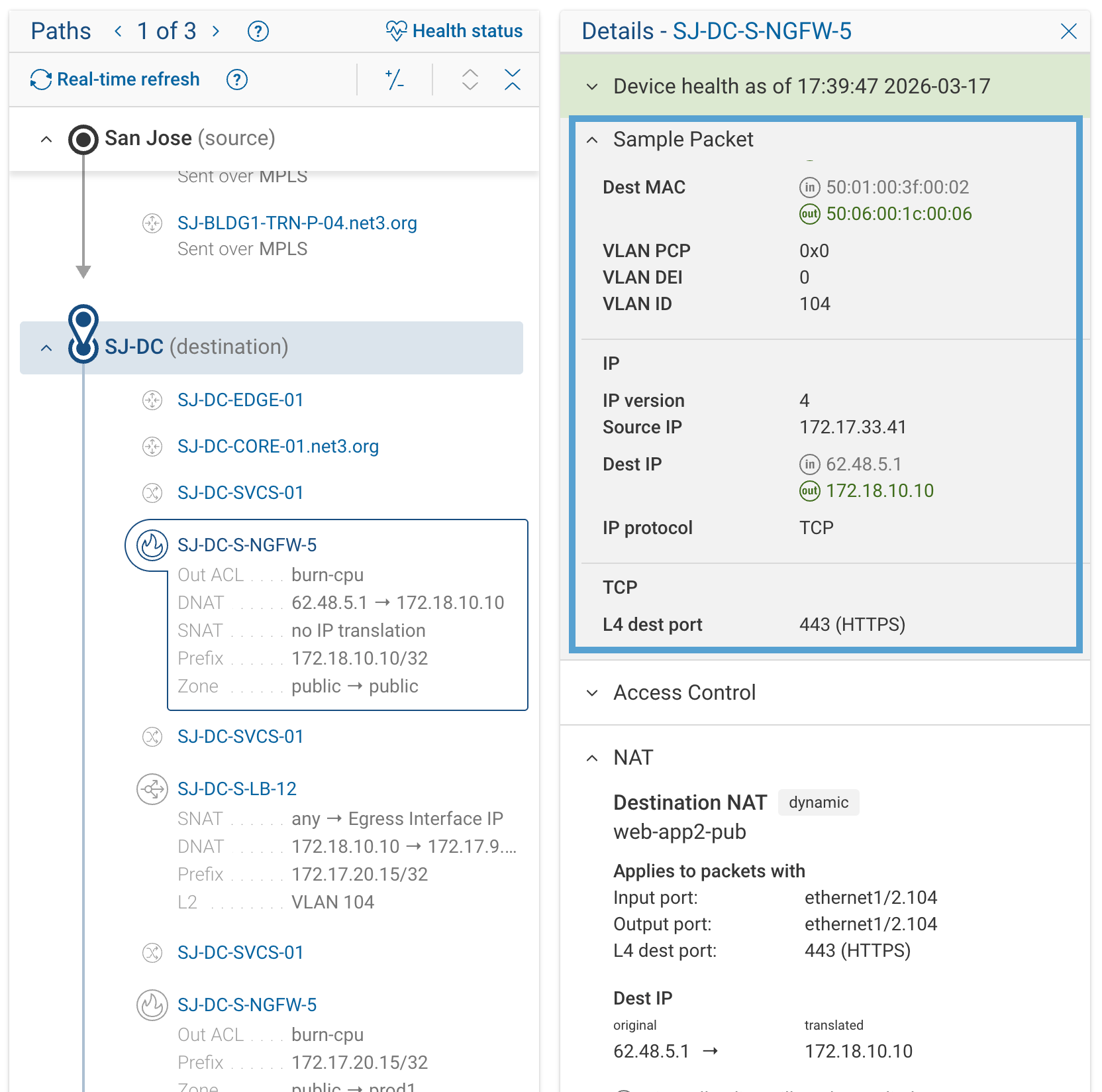 Sample packet view showing header fields with before and after values at a NAT hop