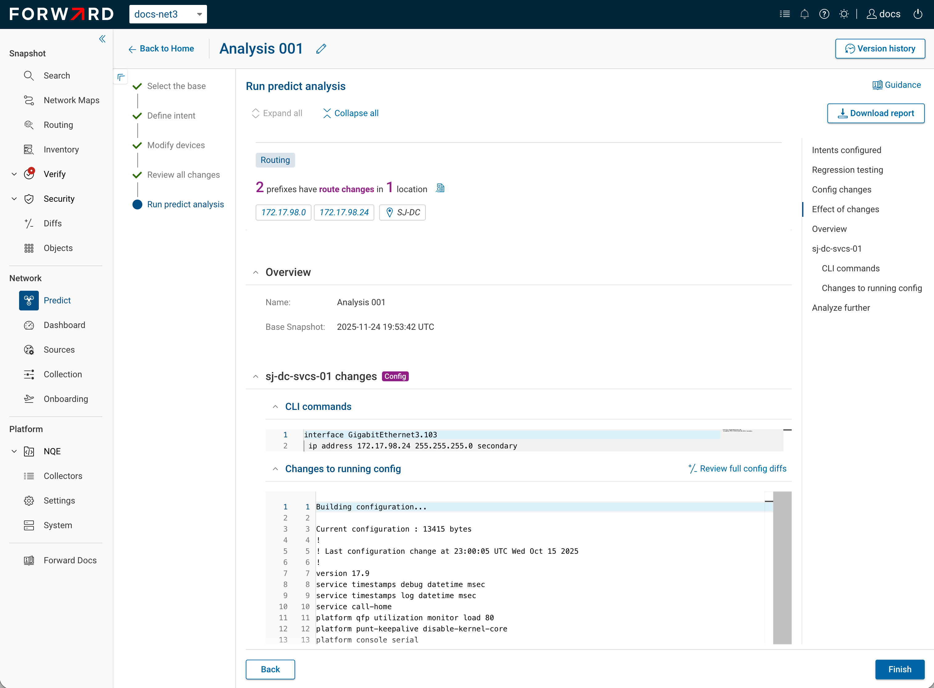 A changed device's config changes on the Run predict analysis step: the CLI commands entered and the resulting running-config diff, with a Review full config diffs link