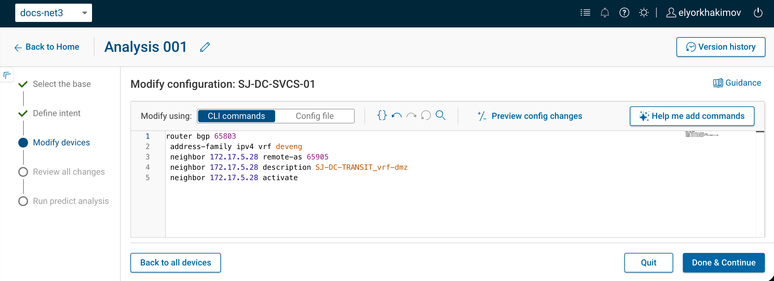 The device config editor on the Modify devices step, with Modify using set to CLI commands, the entered config lines, and the Preview config changes action