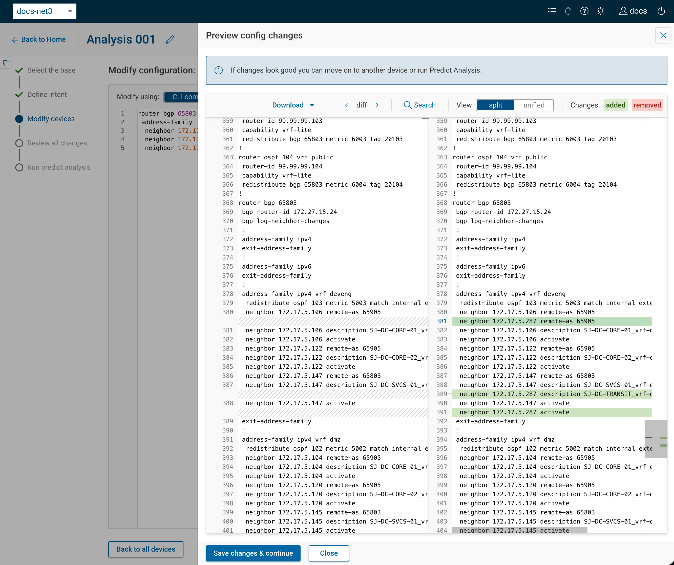 The Preview config changes panel showing a split before-and-after running-config diff, with added lines highlighted