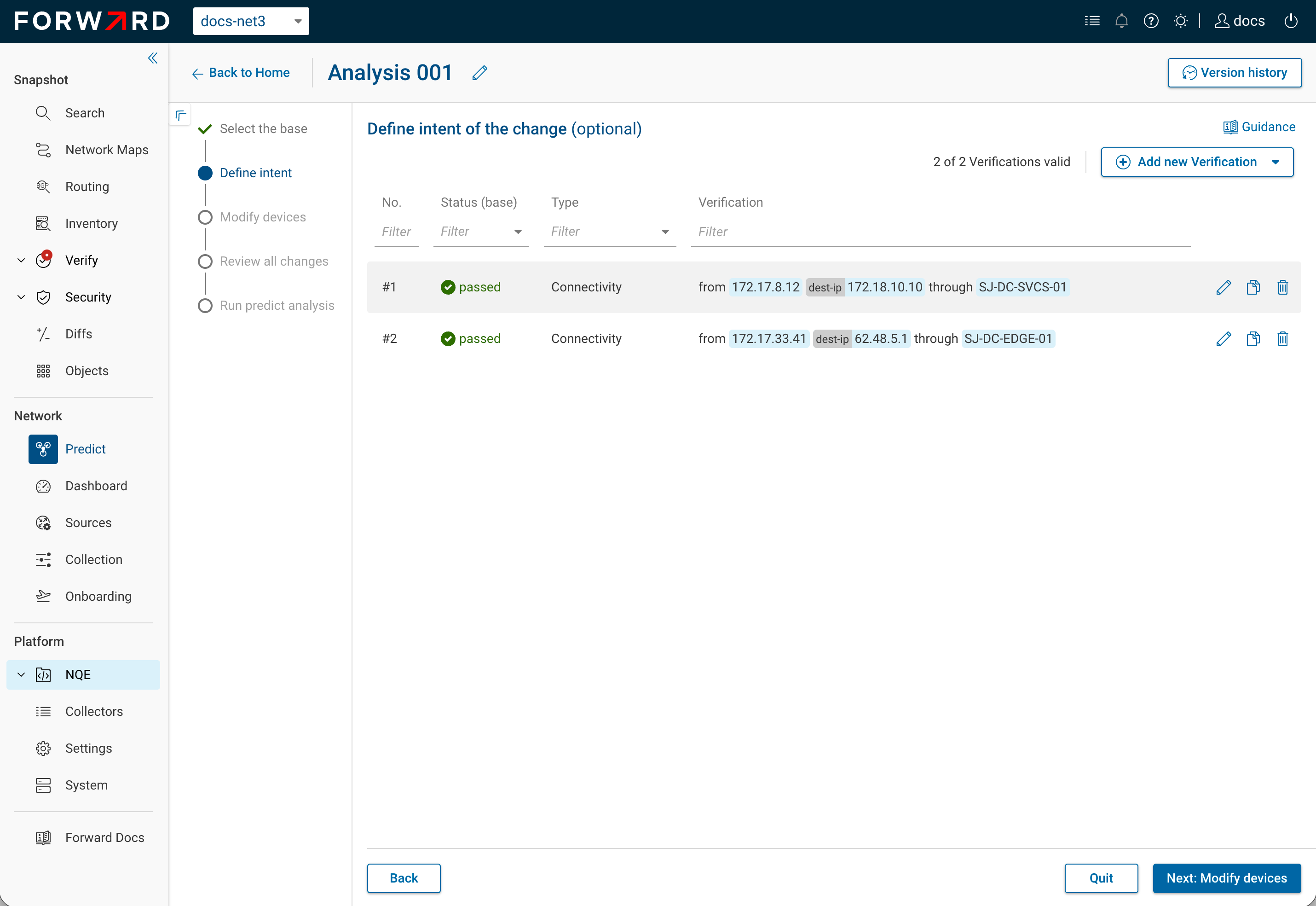 The Define intent step, showing each verification's status on the base snapshot and Add new Verification to attach a check the analysis re-runs after the change