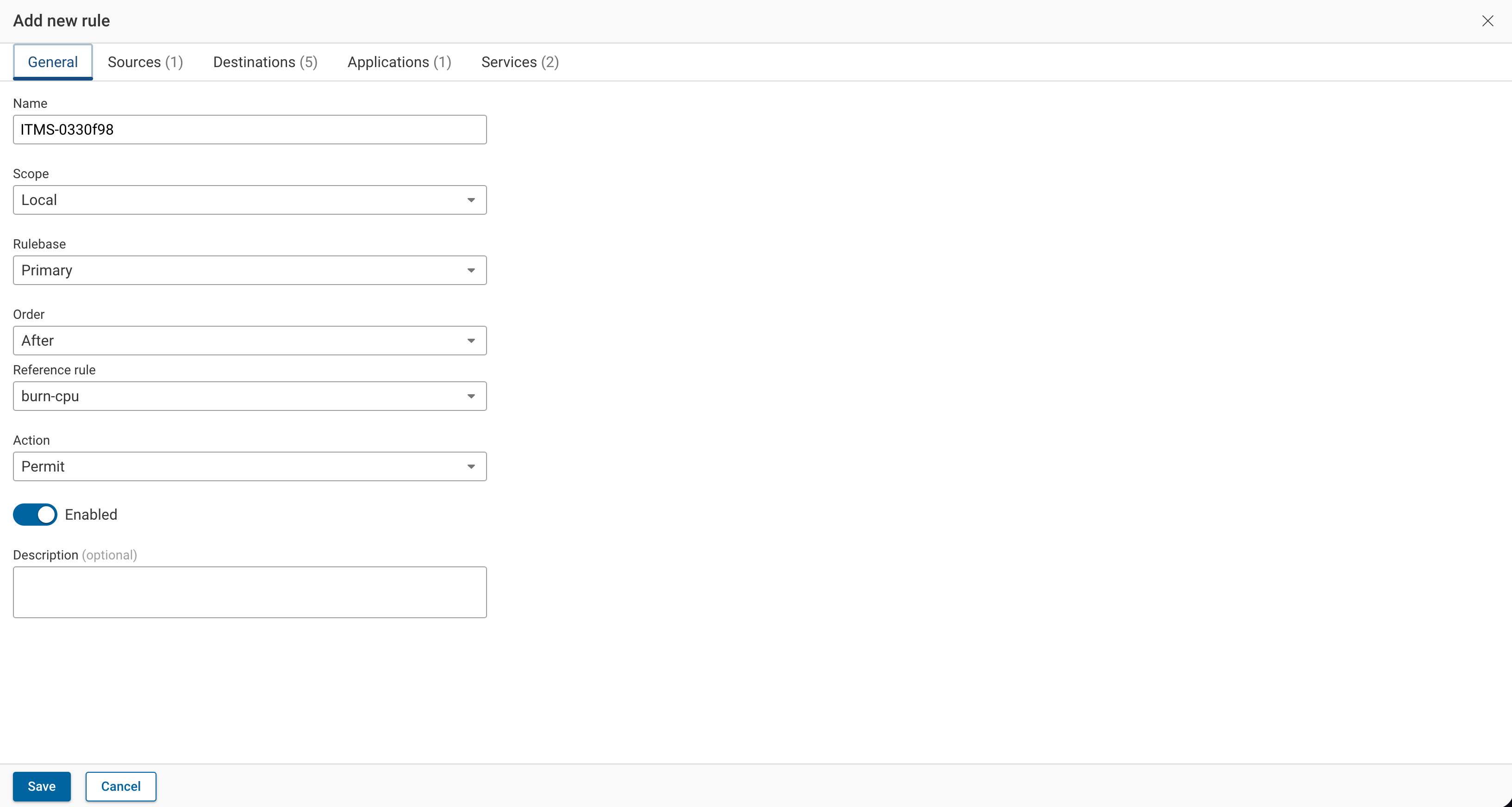 The Add new rule drawer, General tab: name, scope, rulebase, order, reference rule, action, and the enabled toggle, with Sources, Destinations, Applications, and Services tabs