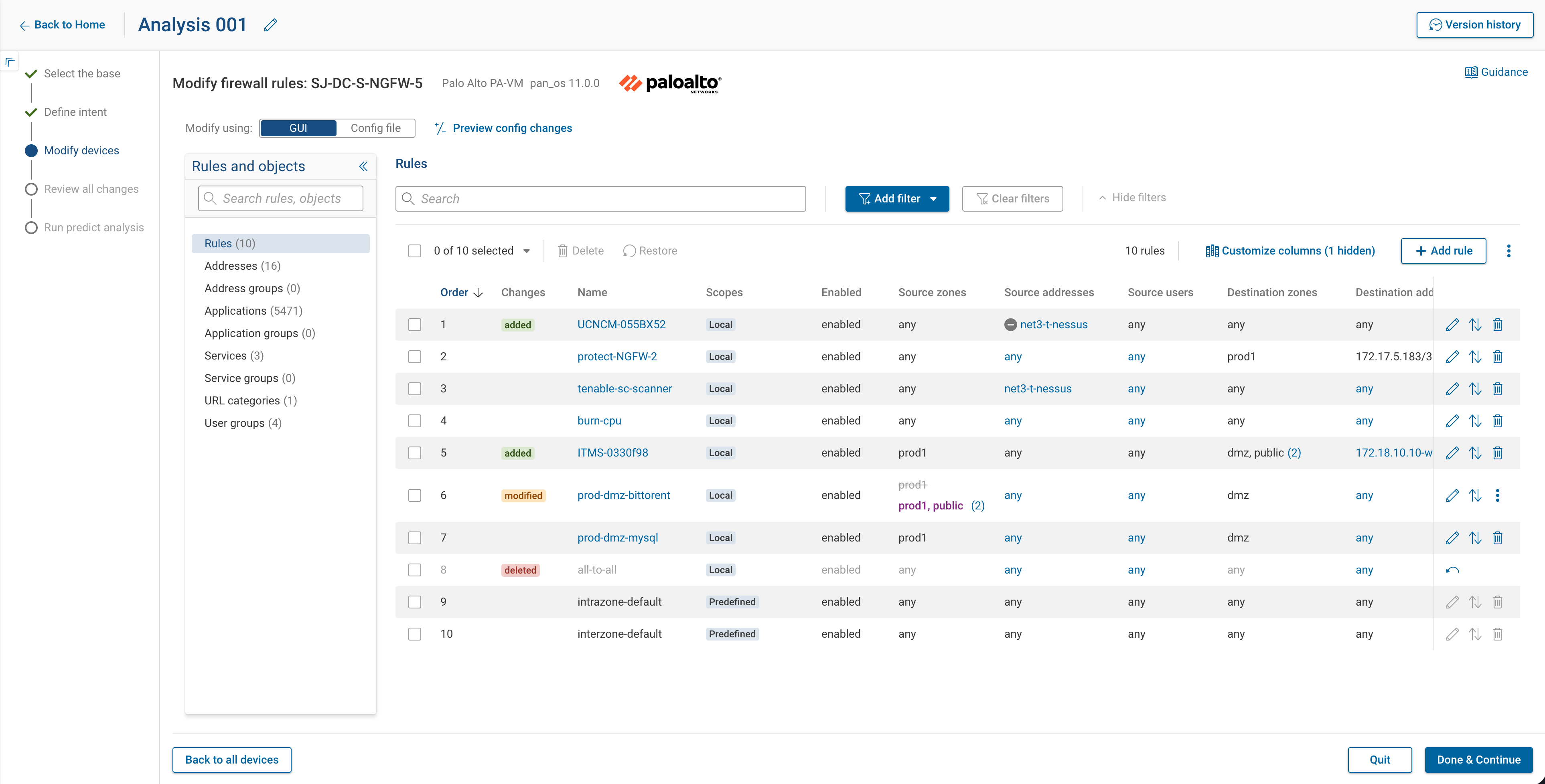 The Modify firewall rules table: the Changes column shows added, modified, and deleted badges; a modified rule shows its baseline value struck through above the new value; and a negated source address shows a minus-in-a-circle icon beside the value