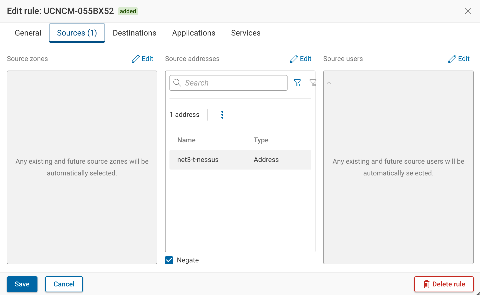 The Edit rule drawer on the Sources tab: the Source addresses column lists one address (net3-t-nessus) with the Negate checkbox selected below it