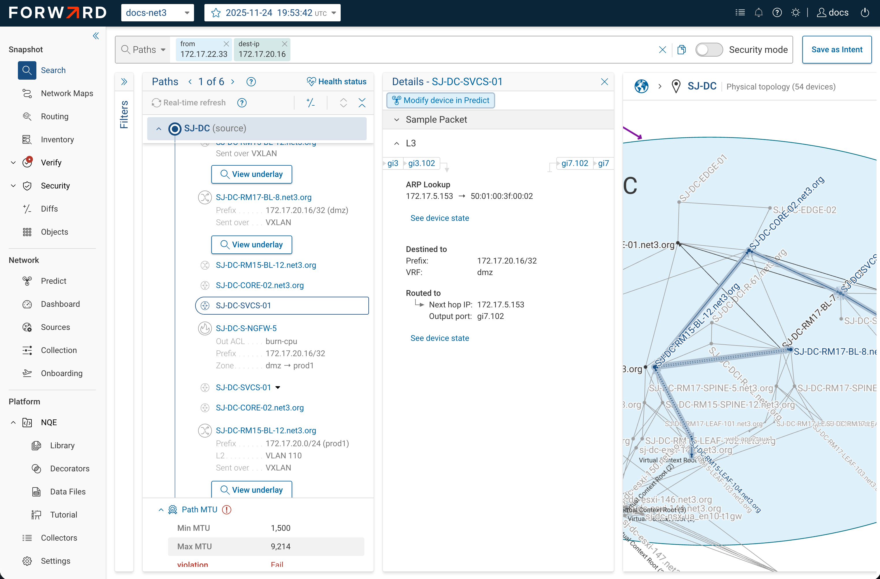 A Path Analysis result with the Modify device in Predict button in the hop Details panel, which opens that device in a new prediction