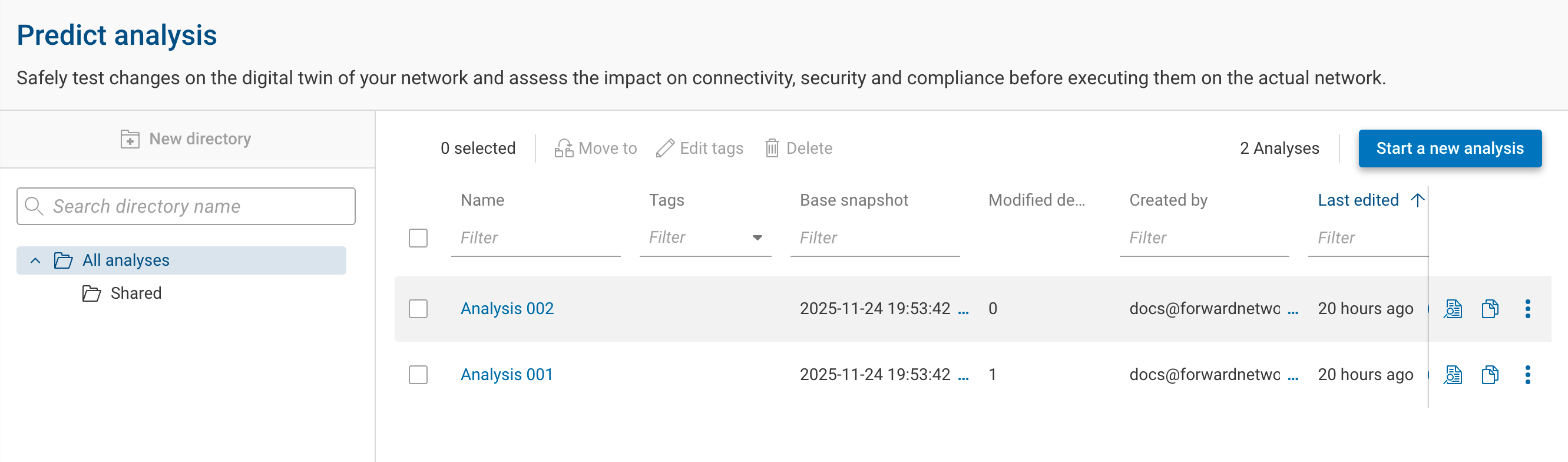 The Predict analysis home page listing saved analyses with their base snapshot, modified-device count, and last-edited time, and the Start a new analysis button