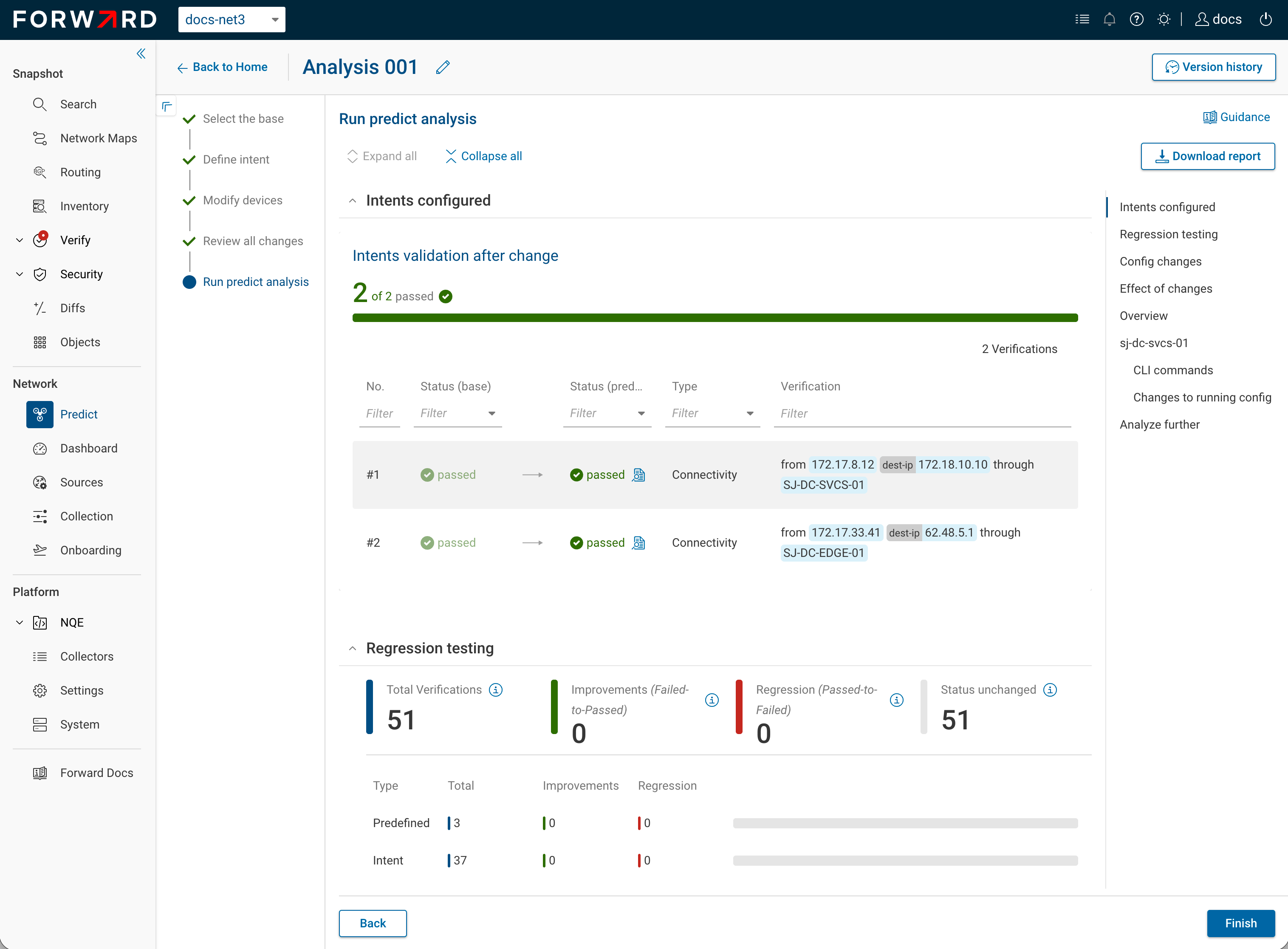 The Intents validation after change panel on the Run predict analysis step, showing each intent check's status on the base versus the predicted snapshot